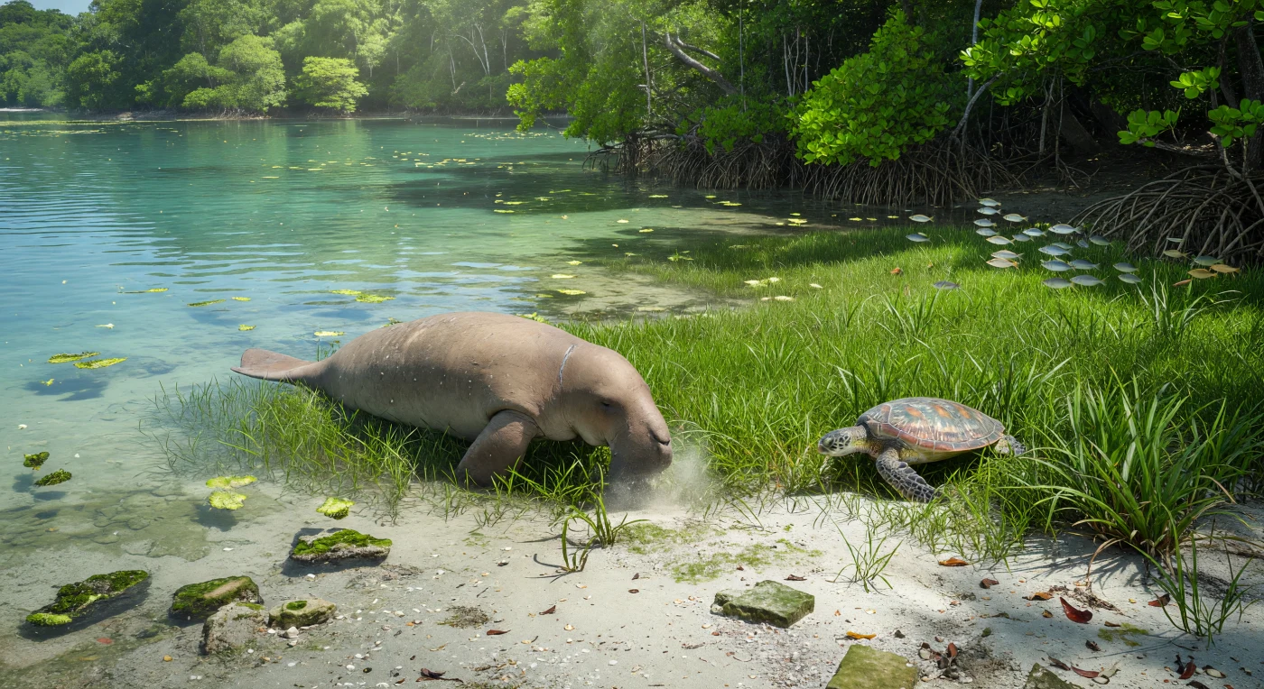 Num litoral refugial tropical do Pleistoceno tardio, há cerca de 120–20 mil anos, um dugongo (Dugong dugon) de cerca de 3 metros pasta serenamente numa pradaria densa de ervas marinhas, enquanto uma tartaruga-verde (Chelonia mydas) se alimenta nas proximidades sob feixes de luz azul-turquesa. Fragmentos de Halimeda flutuam sobre o fundo arenoso e lodoso, e pequenos peixes juvenis prateados abrigam-se junto à orla sombreada dos mangais. Estas lagoas costeiras ligadas a mangais funcionaram como refúgios ecológicos durante as oscilações glaciais, preservando ecossistemas marinhos tropicais produtivos mesmo quando o nível do mar desceu e remodelou as costas do Indo-Pacífico.