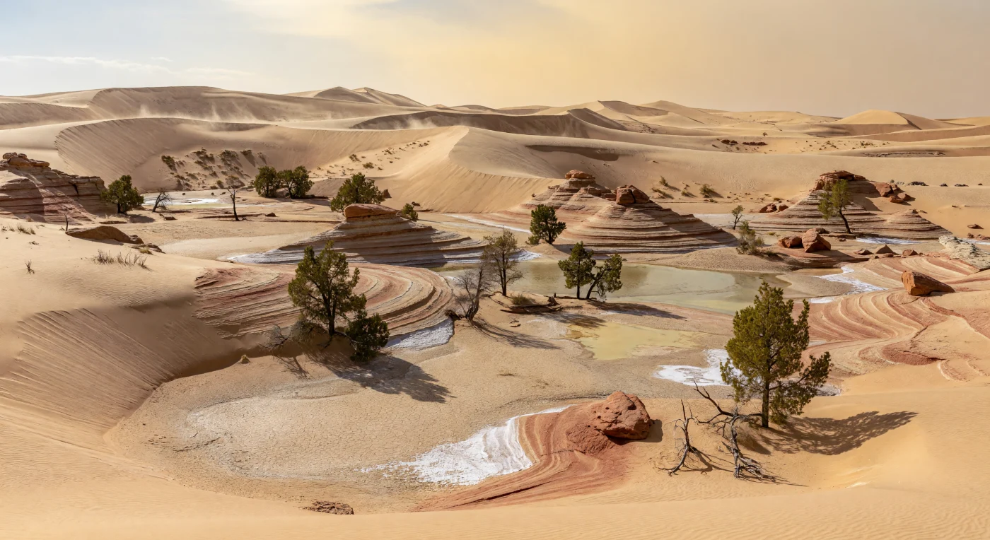 Au cœur de la Pangée, vers la toute fin du Permien il y a environ 255 à 252 millions d’années, d’immenses dunes de sable quartzique aux teintes crème, ocre et rouge ferreux s’étendent sous un ciel poussiéreux, sculptées par des vents arides qui laissent apparaître de grandes stratifications obliques. Dans les creux interdunaires, des croûtes blanches de halite et de gypse bordent des playas craquelées, où ne survivent que de rares conifères résistants à la sécheresse, comme Walchia et Ullmannia. Ce désert intérieur extrême illustre la continentalité sévère de la Pangée tardive, peu avant la « Grande Mort », la crise biologique de la fin du Permien qui allait bouleverser la vie sur Terre.