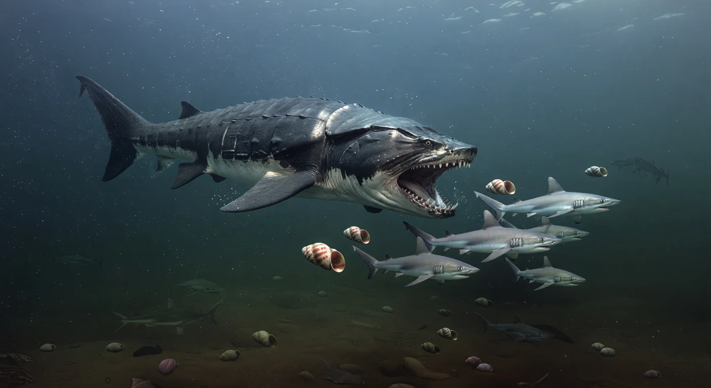 In questo mare di piattaforma esterna del tardo Devoniano, circa 372–359 milioni di anni fa, un gigantesco Dunkleosteus terrelli irrompe nelle acque blu-verdi inseguendo un banco di Cladoselache, tra particelle sospese che rivelano la vicinanza di acque più profonde e povere di ossigeno. Il predatore, lungo 5–6 metri, era un placoderma artrodire con testa corazzata e lame ossee affilate al posto dei veri denti, mentre i più snelli Cladoselache rappresentavano tra i primi squali agili dei mari paleozoici. Accanto alla scena fluttuano ammonoidi come Manticoceras, dai gusci spiralati fasciati di bruno-ruggine, testimoni di un oceano caldo di Laurussia dove innovazione evolutiva e crisi ambientali convivevano nelle ombre del mare profondo.