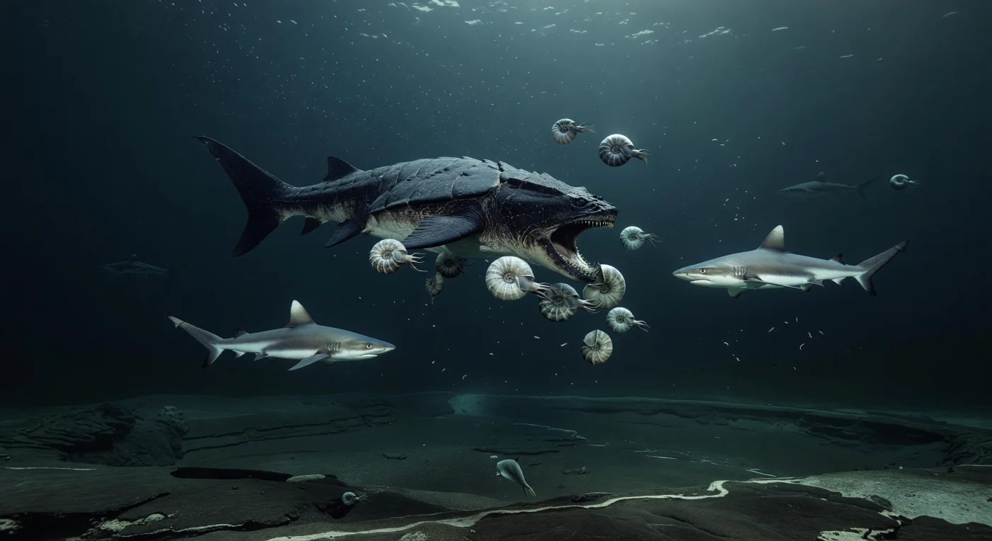 Im dämmrigen blaugrünen Freiwasser über einem tiefen devonischen Becken schießt ein 5–6 Meter langer Dunkleosteus terrelli mit seiner dunklen Knochenpanzerung durch einen lockeren Schwarm kleiner Ammonoideen der Gattung Manticoceras, während zwei wendige Cladoselache-Haie darunter und daneben kreisen. Diese Szene spielt im Oberdevon vor etwa 372–359 Millionen Jahren über einem sauerstoffarmen Becken Laurussias, wo feiner „Meeresschnee“ aus organischem Material in die Tiefe sank und sich am Grund schwarze Schiefer und kalkige Schlämme ablagerten. Sie zeigt eine von pelagischen Jägern beherrschte Welt lange vor den Meeresreptilien: gepanzerte Placodermen, frühe Haie und Ammonoideen prägten die offenen Ozeane einer Erde im Wandel kurz vor den späten devonischen Aussterbeereignissen.