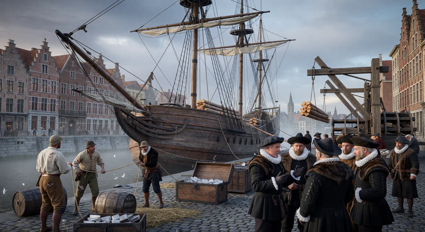 A Dutch fluyt, characterized by its pear-shaped hull and efficient maritime engineering, docks at the limestone quays of Antwerp to unload a cargo of Baltic timber and New World silver. Wealthy Flemish merchants, dressed in prestigious "Spanish Black" wool and elaborate starched ruffs, negotiate the exchange of goods while laborers operate massive wooden treadwheel cranes in the damp, misty air of the Little Ice Age. This scene captures the intersection of maritime innovation and globalized trade that defined the late 16th century, showcasing the Low Countries' role as a vital commercial hub between Northern Europe and the burgeoning Atlantic empires.