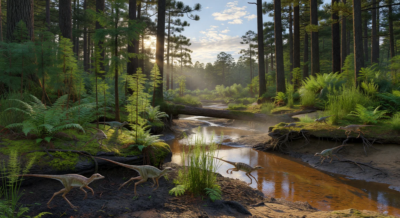 في غابات أستراليا الجنوبية الشرقية القطبية خلال أواخر الطباشيري المبكر، قبل نحو 113–105 ملايين سنة، تندفع ديناصورات الأورنيثوبود الصغيرة ليايليناصورا أميكاغرافيكا وكوانتاسوروس إنتريبيدوس بين سرخسيات كثيفة وجذوع الأروكاريا والبودوكارب الداكنة على ضفاف جدول بنيّ صافٍ. تُظهر هذه اللقطة نظامًا بيئيًا عاليَ العرض في منطقة أوتواي–غيبسلاند، حيث كانت أيام الصيف الطويلة ذات الشمس المنخفضة تغمر غابة معتدلة باردة بلا جليد دائم. بأجسامها الرشيقة التي لا تتجاوز 1–2 متر وذيولها المتصلبة للموازنة وعيونها الكبيرة الملائمة لضوء الفصول الخافت، تكشف هذه الحيوانات كيف ازدهرت ديناصورات عاشبة سريعة الحركة في عالم قطبي أخضر من أعماق الزمن.
