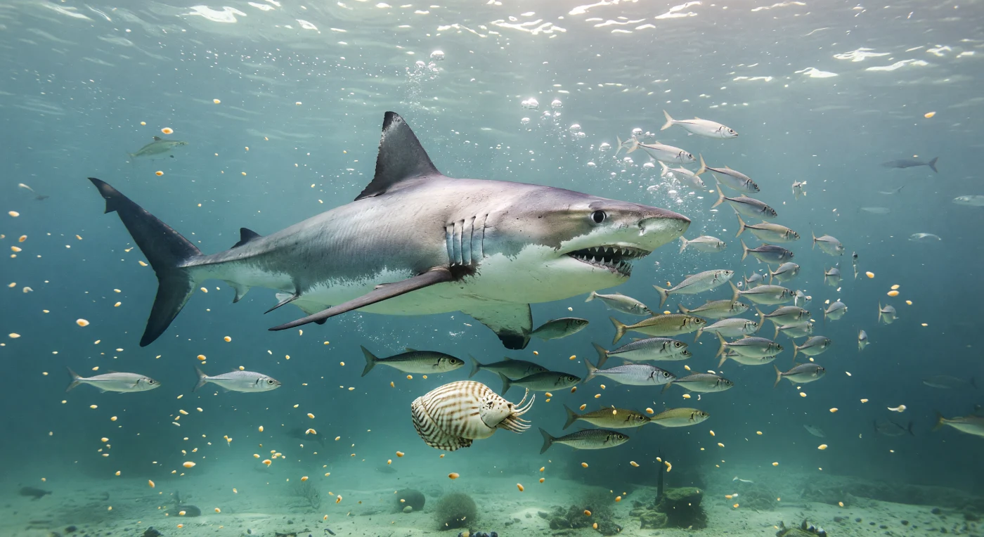 에오세 초기~중기(약 5,600만~4,100만 년 전) 북반구의 따뜻한 외해 대륙붕 바다에서, 거대한 악상어형 상어 오토두스 오블리쿠스(Otodus obliquus)가 은빛 경골어류 떼를 가르며 사냥하는 순간이 펼쳐집니다. 길이 8–10m에 이른 이 최상위 포식자는 훗날의 메갈로돈 계통에 속하지만, 아직 톱니가 강하지 않은 넓은 삼각형 이빨을 지녔고, 아래로는 줄무늬 앵무조개류(nautilid)가 유영하며 크기 대비를 드러냅니다. 물속을 채운 미세한 플랑크톤 안개에는 부유성 유공충 글로비게리나테카(Globigerinatheka)가 풍부해, 에오세 온난한 바다의 높은 생산성과 재편된 신생대 해양 생태계를 조용히 증언합니다.