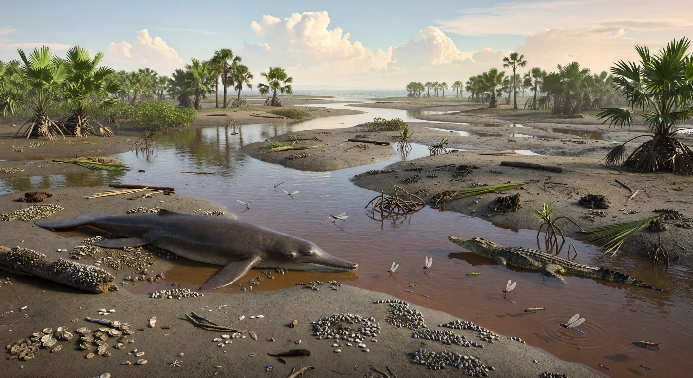 약 4,700만~4,300만 년 전 에오세 중기의 테티스 해 하구에서는 홍차빛 기수 수로가 니파야자(Nypa) 숲과 진흙톱을 휘감아 흐르고, 굴 무리인 오스트레아(Ostrea) 곁에 초기 고래 암불로케투스 나탄스(Ambulocetus natans)가 반쯤 물에 잠긴 채 매복하고 있습니다. 길쭉한 주둥이의 디로사우루스과 악어형류가 수로 가장자리를 미끄러지듯 순찰하고, 잠자리와 작은 물고기들이 어지럽게 수면을 스치며 긴장감 어린 하구 생태계를 완성합니다. 이 장면은 육상 포유류가 바다로 진출해 고래로 진화하던 과도기를 보여 주며, 아직 콧구멍은 주둥이 끝 가까이에 있고 지느러미나 꼬리지느러미는 없는 암불로케투스의 몸에서 ‘걷는 고래’의 흔적을 생생히 읽을 수 있습니다.