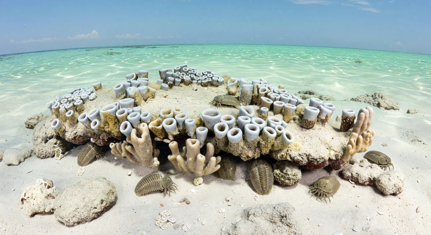 In the warm, shallow tropical seas of the Early Cambrian, about 520 million years ago, low reef mounds were built not by corals but by archaeocyathids—cup-shaped, double-walled filter feeders whose calcareous skeletons formed some of Earth’s earliest reefs. This scene shows a clear carbonate shoal with pale archaeocyathid clusters encrusted by microbial crusts, beige Vauxia sponges anchored between them, and Olenellus trilobites moving across rippled cream-colored sand. Such reef-crests on Cambrian carbonate platforms supported diverse benthic communities during the Cambrian Explosion, long before fish, flowering plants, or modern reef ecosystems appeared.