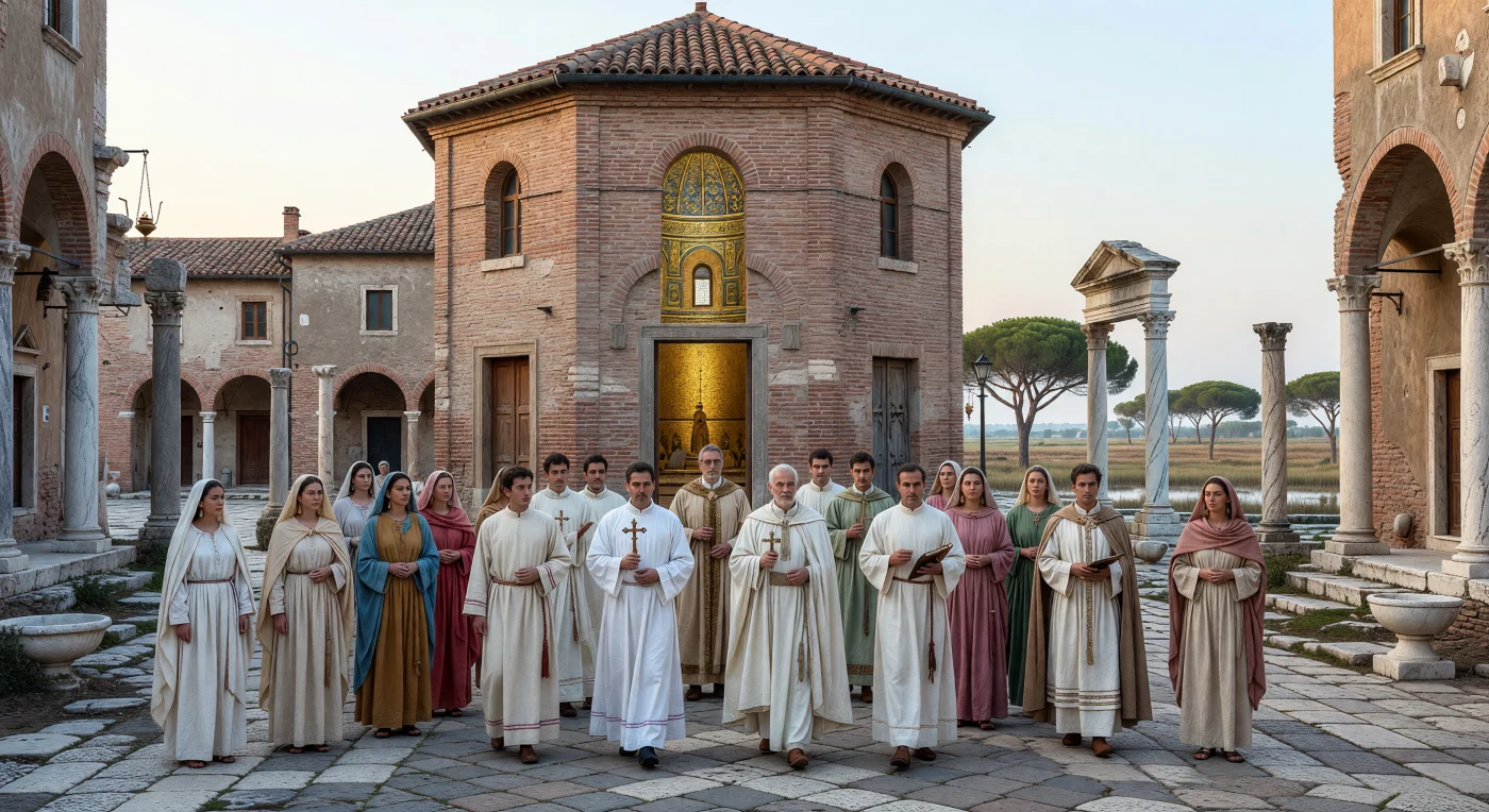 A solemn baptismal procession advances through the streets of 5th-century Ravenna toward an octagonal brick baptistery, where white-robed clergy lead catechumens past spolia from the Roman past and into the new ceremonial life of the Christian city. Veiled women, civic dignitaries, and modestly dressed townspeople reflect Ravenna’s role as both an imperial residence and a major center of early Christianity in Late Antiquity. The plain brick exterior and glittering mosaic interior evoke the distinctive architecture of Ravenna, where new sacred spaces rose amid the reused materials and fading monuments of the Roman world.