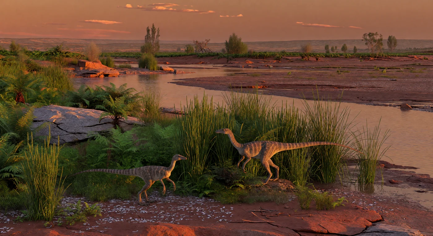 At dusk on a Late Triassic riverbank in what is now northwestern Argentina, two of the earliest dinosaurs move through a ribbon of lush vegetation: the small theropod-like Eoraptor lunensis and the slightly larger basal sauropodomorph Panphagia protos. This scene is set in the Carnian Stage, about 231–228 million years ago, within the Ischigualasto-Villa Unión Basin, where seasonal rivers crossed red, ash-dusted floodplains under a warm, semi-arid climate. Ferns, Dicroidium seed ferns, and Neocalamites reeds frame these lightly built early saurischians, highlighting a world before flowering plants and long before giant dinosaurs came to dominate Jurassic landscapes.