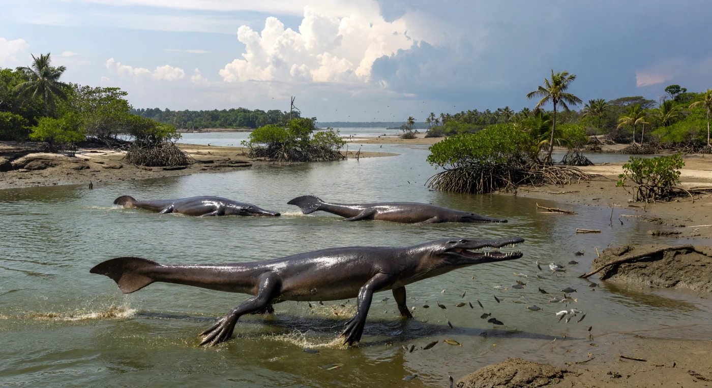 In this early Eocene estuary along the eastern Tethys, about 50–48 million years ago, an Ambulocetus natans bursts from muddy shallows after a school of fish while more aquatic Rodhocetus cruise the deeper channel beyond. The scene captures a key stage in whale evolution, when archaeocetes still retained strong limbs and broad feet for swimming and moving in coastal habitats, yet were becoming increasingly adapted to life in the water. Silty banks, root-fringed estuarine margins, and humid tropical vegetation reflect the warm monsoonal lowlands of the northern Indian subcontinent, where some of the earliest whales hunted in sediment-rich coastal ecosystems.