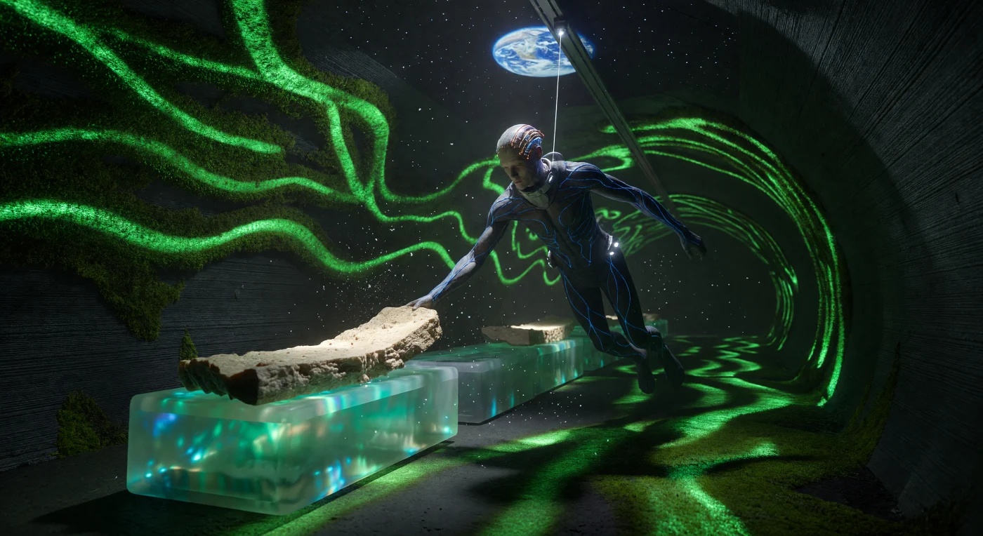 西暦2050年から2100年にかけての「拡張された黎明期」、人類はマリアス丘陵の溶岩チューブ内に大規模な月面拠点を構築しました。この展示では、1/6重力下での成長により四肢が伸長した新人類「セレネ・ボーン」が、半透明のエアロゲル棚から人工培養された菌類（マイコ・プロテイン）を収穫する様子を捉えています。壁面を覆う発光苔「グリーン・ヴェイン」の緑光と天井に映し出された地球の姿は、極限環境に適応し、神経インプラントによる拡張を遂げたポスト・アース人類の静謐な生活圏を象徴しています。