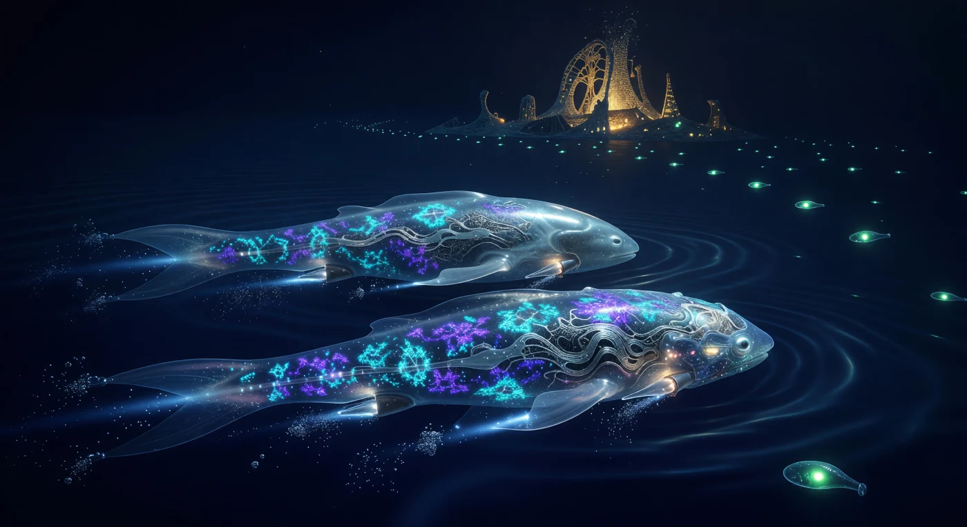 Au cœur de l'océan abyssal de la lune Europe, deux spécimens de l'espèce Pellucide, longs de huit mètres, s'adonnent au « Rendu », une forme de communication sophistiquée mêlant motifs chromatophores néon et ondulations ultrasoniques. Durant l’Âge Galactique (v. 5 000 – 20 000 apr. J.-C.), ces organismes post-biologiques ont colonisé les mondes océaniques grâce à une architecture interne de graphène supraconducteur et des branchies synthétiques adaptées aux pressions extrêmes. En arrière-plan, l'éclat d'une métropole hydrothermale témoigne d'une civilisation avancée captant l'énergie des frictions de marée, illustrant l'apogée de la vie consciente dans l'obscurité éternelle des abysses.