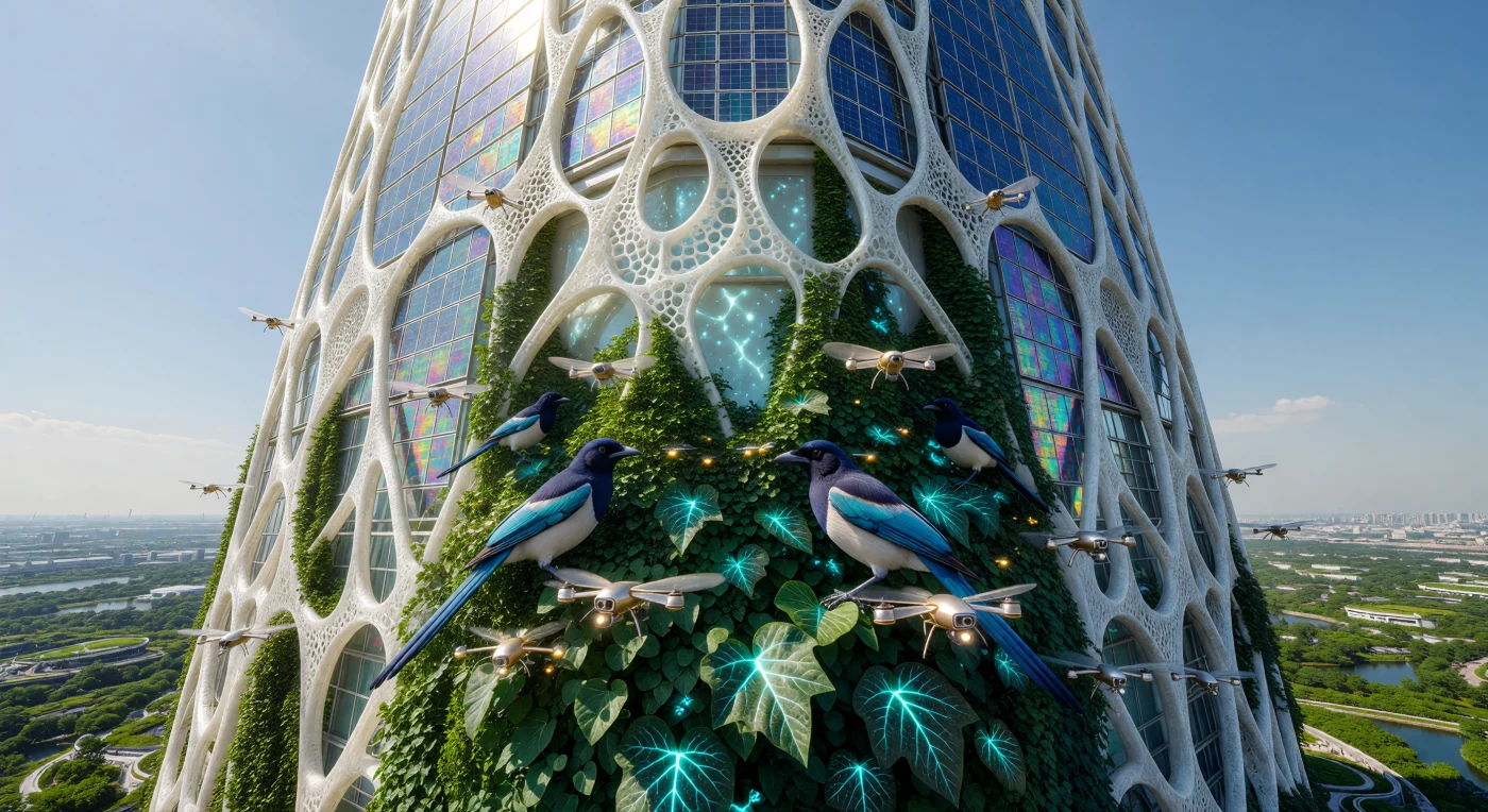 Esta panorámica de Seúl captura la cúspide de "El Umbral" (aprox. 2025-2050), donde la arquitectura osteomórfica de polímero de calcio sirve de soporte para una biosfera sintética dominada por la hiedra bioluminiscente *Hedera helix-alpha*. En este complejo ecosistema vertical, rabilargos (*Cyanopica cyanus*) nativos comparten el nicho ecológico con drones polinizadores robóticos, mientras la estructura de 1.2 kilómetros absorbe energía solar mediante celdas de perovskita. La escena documenta una transición evolutiva hacia la integración biotecnológica total, marcando un hito en el registro de la civilización impulsada por fusión nuclear en Asia Oriental.