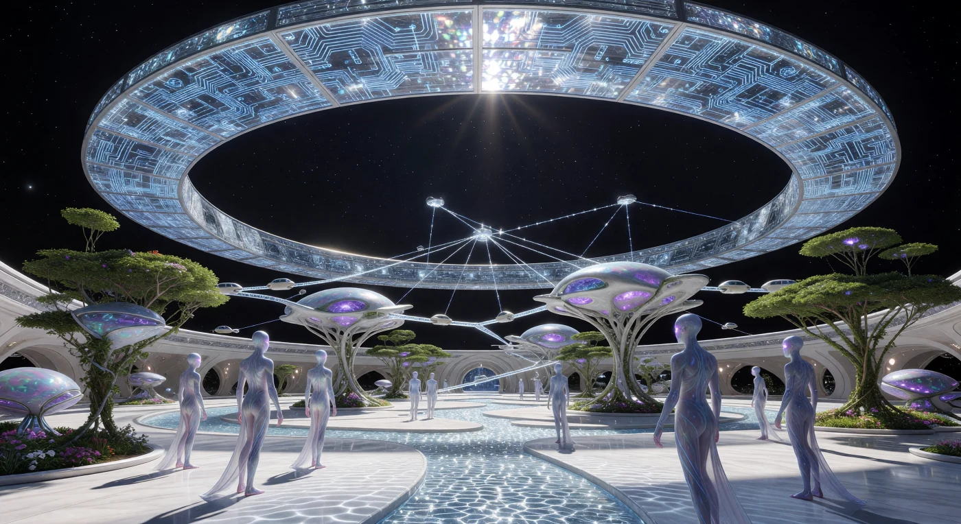 서기 약 20,000년에서 100,000년 사이인 ‘우주적 성숙기’의 지평선을 보여주는 이 기록은 태양 주위를 감싸는 1,000km 폭의 거대한 에델가드 링(Aethelgard Ring)과 그 위에서 번성한 고도화된 문명을 묘사합니다. 핵형성 다이아몬드이드로 구축된 은빛 리본 아래에는 저중력 환경에 적응하여 보랏빛 눈과 진주빛 피부를 지닌 신인류들이 리플 무늬의 네오 쿼츠 광장과 공중에 떠 있는 수직 과수원 사이를 거닐고 있습니다. 이는 단순한 거주지를 넘어 항성의 에너지를 직접 직조하며 자연과 인공의 경계를 완전히 허물어버린 인류 최전성기의 ‘존재론적 공학’을 생생하게 증언합니다.