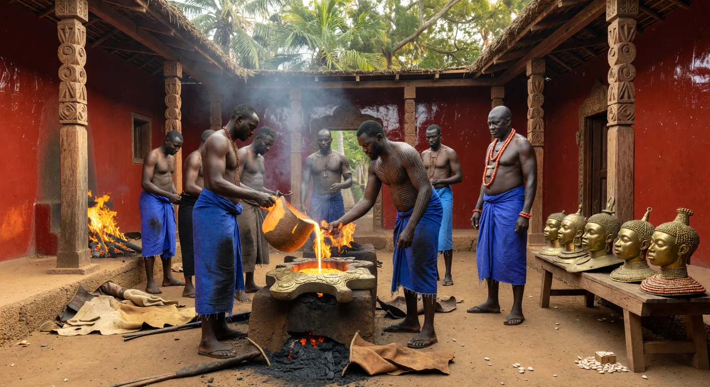 In deze 15e-eeuwse scène in Benin City vervaardigen Edo-ambachtslieden een naturalistisch messing hoofd voor het voorouderlijk altaar van de Oba met behulp van de geavanceerde "verloren was"-techniek. In een binnenplaats met gepolijste rode muren giet een meestergieter vloeibaar metaal uit een gloeiende smeltkroes, terwijl de vurige gloed van de oven contrasteert met het vochtige daglicht van het Nigeriaanse regenwoud. Deze verfijnde metallurgie getuigt van het uitzonderlijke artistieke meesterschap en de complexe sociale hiërarchie van het koninkrijk Benin tijdens de late middeleeuwen.