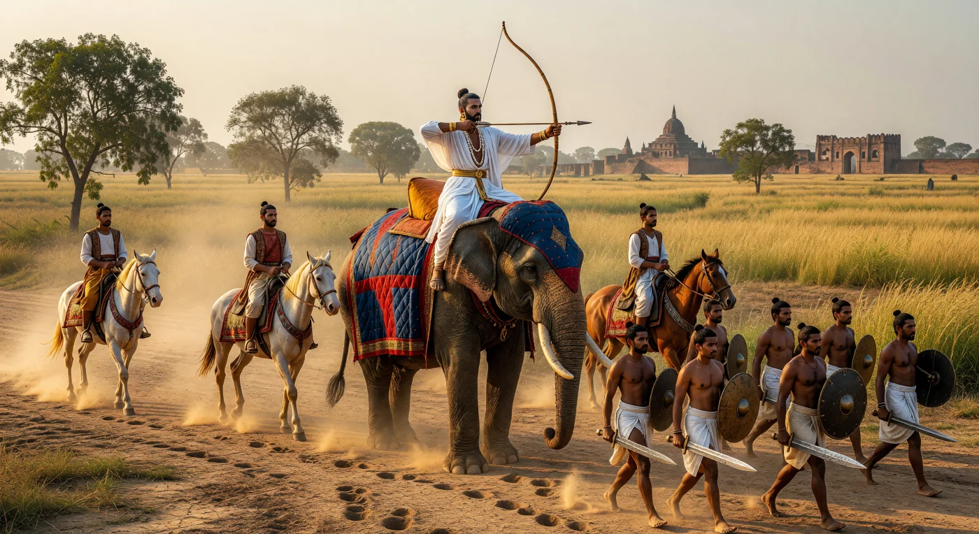En esta procesión militar del siglo V por las llanuras del Ganges, un imponente elefante de guerra con armadura de cuero acolchado lidera a los soldados del Imperio Gupta bajo la luz dorada del amanecer. La escena ilustra la organización táctica de la época, destacando a un arquero noble con un gran arco de bambú, caballería ligera sobre corceles centroasiáticos e infantería armada con espadas *khanda* de acero Wootz y escudos de piel de rinoceronte. Esta representación captura la sofisticación marcial y la opulencia de la «Edad de Oro» de la India, reflejando un periodo de inmenso poder político y maestría técnica en el sur de Asia.
