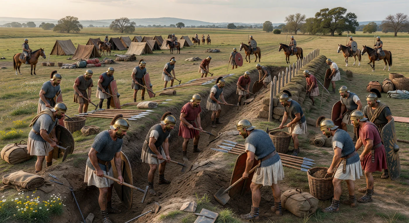 इस दृश्य में रोमन गणराज्य के सैनिक इटली के खुले मैदान में एक अस्थायी मार्चिंग शिविर की खाई खोदते दिखाई देते हैं—कांस्य मोंटेफोर्टीनो हेलमेट, लोहे की चेनमेल, कीलदार कैलिगाए और पास में टिके पिला तथा मुड़े हुए स्कूटा उनके अनुशासित सैन्य जीवन को स्पष्ट करते हैं। मिट्टी से भरी टोकरी, काटी गई घास की परतें और उठता हुआ कच्चा प्राचीर उस मानक शिविर-निर्माण पद्धति को दर्शाते हैं जिसने दूसरी–पहली शताब्दी ईसा पूर्व में रोमन सेनाओं को तेज़, सुरक्षित और अत्यंत प्रभावी बनाया। परिधि पर गश्त करते घुड़सवार सहयोगी और भीतर खड़े होने लगते चमड़े के तंबू याद दिलाते हैं कि रोमन विजय केवल युद्धभूमि पर नहीं, बल्कि हर संध्या किए जाने वाले ऐसे कठोर, संगठित श्रम पर भी टिकी थी।