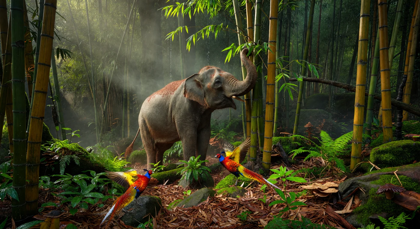 Um elefante-asiático (*Elephas maximus*) percorre um denso bosque de bambus Moso no sul da China do século III, utilizando sua tromba para colher folhas enquanto faisões-dourados de cores vibrantes voam pela vegetação úmida. Esta cena ilustra a biodiversidade intocada dos territórios de Shu Han e Wu Oriental durante o período dos Três Reinos, uma época em que a megafauna ainda habitava vastas regiões subtropicais antes da expansão agrícola intensiva. A névoa matinal e a luz filtrada entre os colmos gigantes capturam a atmosfera primordial desta fronteira selvagem da Antiguidade Tardia, revelando um ecossistema rico e preservado.