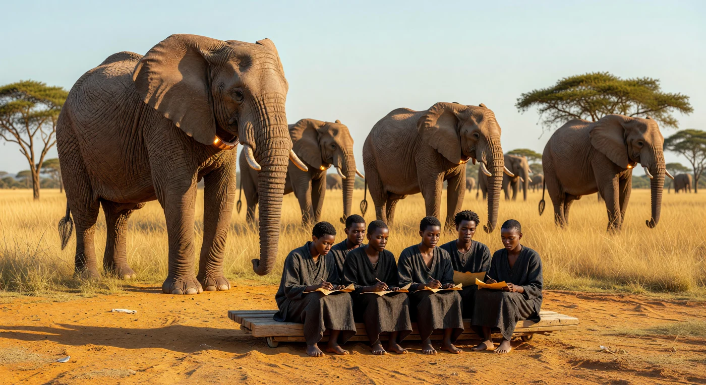 Durante la era de la Madurez Cósmica (aprox. 24,500 – 98,000 d. C.), los elefantes africanos (*Loxodonta africana*) desextinguidos vuelven a recorrer las sabanas terrestres bajo una atmósfera de alta pureza y luz solar regulada. En esta escena, humanos basales sin modificaciones tecnológicas registran a la megafauna mediante métodos analógicos, protegidos por discretos collares de feromonas que garantizan una coexistencia pacífica y segura. Este enclave de preservación biológica ilustra el esfuerzo de una civilización de Tipo II por salvaguardar la experiencia de la vida finita y la biodiversidad original frente a la inmensidad del tiempo profundo.