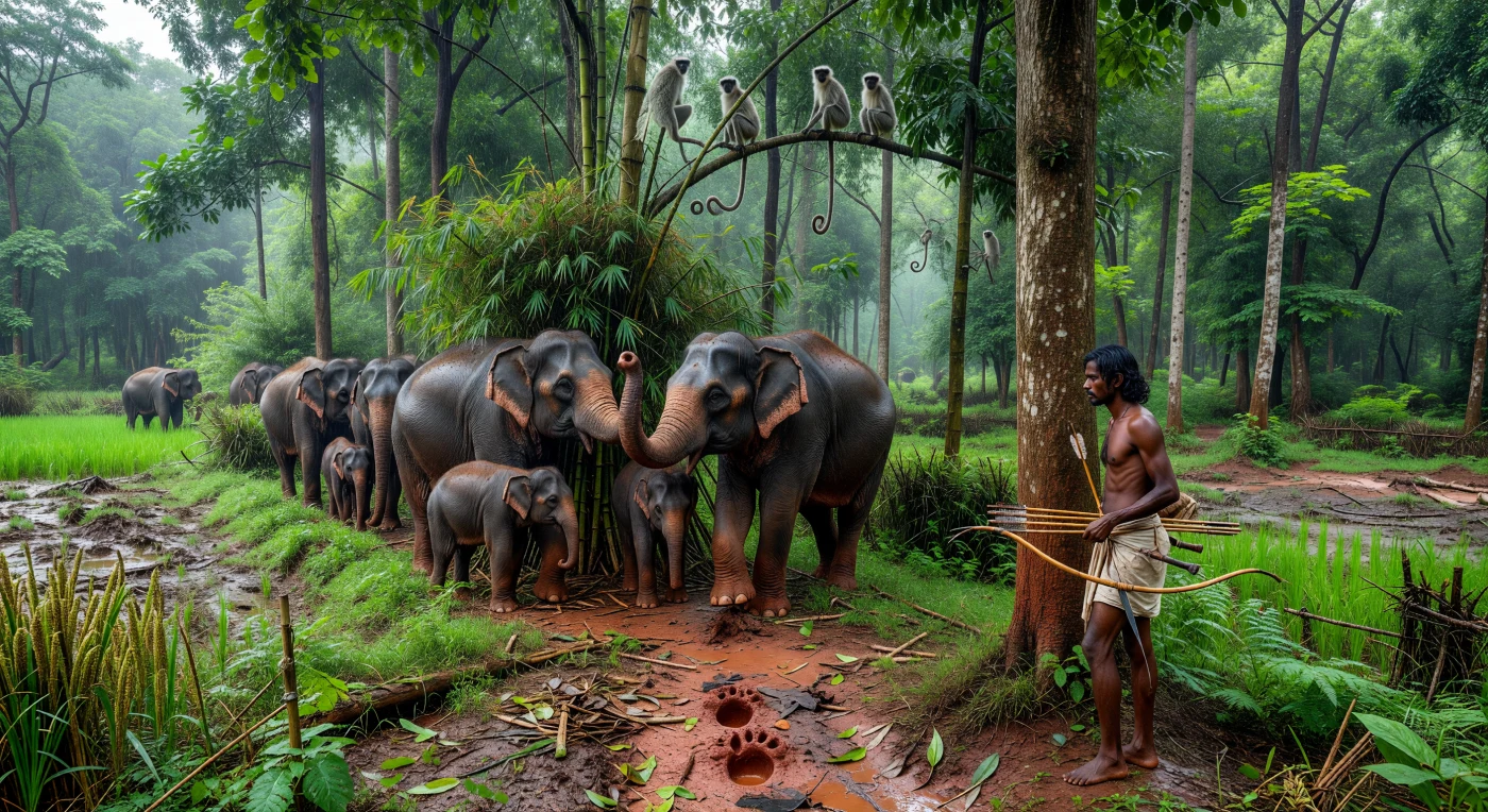 Uma manada de elefantes-asiáticos atravessa cautelosamente uma floresta de sal e bambu encharcada pelas monções, na fronteira entre a mata húmida e os primeiros campos cultivados da Índia central, enquanto langures observam do alto e um caçador se esconde entre os troncos com arco de bambu e flechas de ponta de ferro. A cena evoca o sul da Ásia entre os séculos III e I a.C., quando comunidades agrícolas e sociedades da orla florestal conviviam com uma fauna poderosa e imprevisível, e o uso do ferro já fazia parte da vida quotidiana. Mais do que uma caçada, a imagem mostra um momento de tensão antiga entre expansão humana, agricultura incipiente e a persistência das grandes florestas monçónicas.
