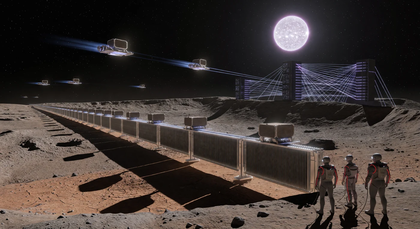 In het verzengende Caloris-bekken op Mercurius stuwt een tien kilometer lange elektromagnetische rail regoliet naar de ruimte voor de bouw van de Dyson-zwerm, een kernactiviteit tijdens de Zonne-expansie (2500–3000 n.Chr.). Tussen de gigantische vloeibare-natriumkoelribben overzien de Lithomorfen—stralingsbestendige, post-humane technici met een metaalachtige glans—het proces, terwijl digitale Photonics-entiteiten via laserpulsen communiceren tussen nabijgelegen kwantumtorens. Onder een amberkleurige zon die drie keer groter lijkt dan vanaf de Aarde, markeert deze scène de transformatie van de mensheid tot een hoogenergetische beschaving die de brute wetten van de thermodynamica trotseert.