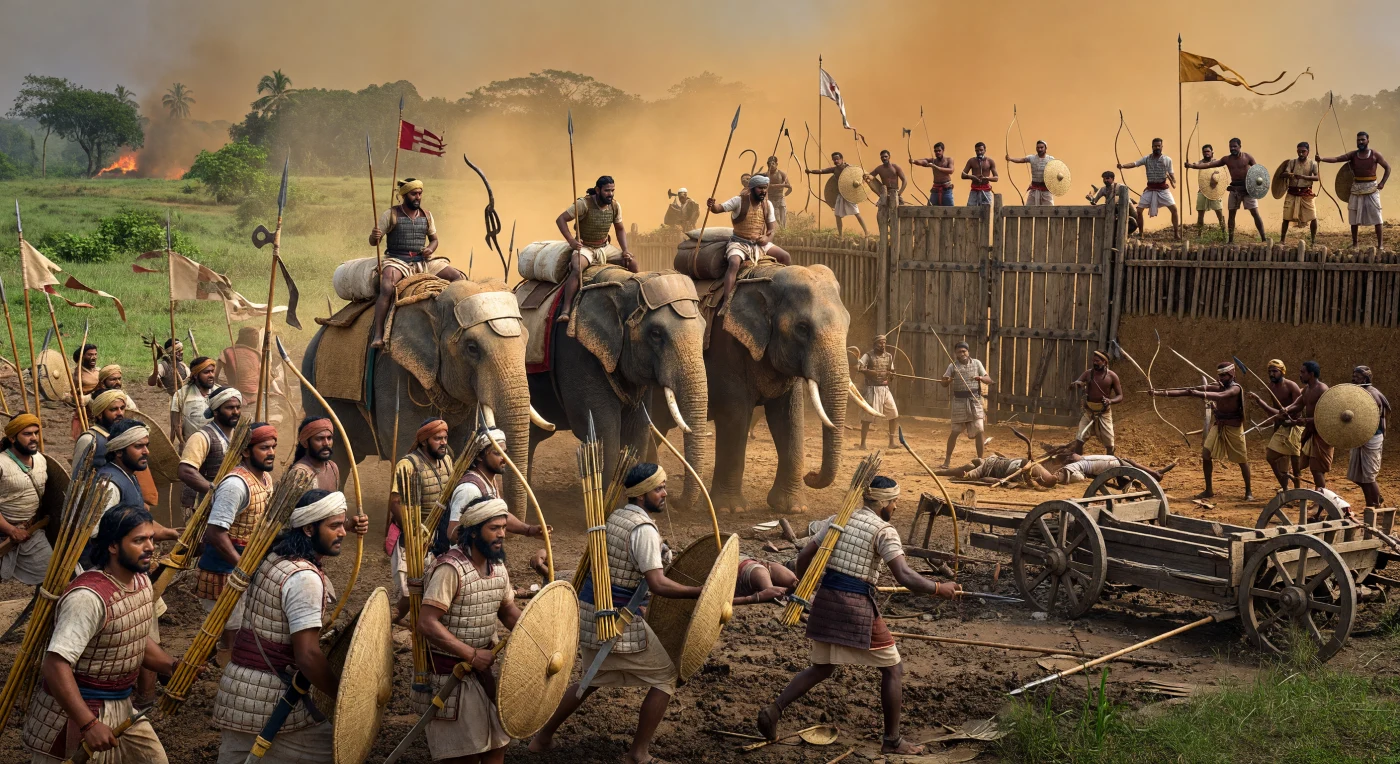 Dans un nuage d’ocre et de fumée, l’infanterie maurya avance à Kalinga aux côtés d’éléphants de guerre caparaçonnés de cuir et de textiles, guidés par leurs cornacs tandis que des lanciers se dressent sur leur dos. Face à eux, des défenseurs tentent de tenir une levée de terre et une porte en bois, au milieu de chars brisés, d’étendards tombés et de corps dispersés, image saisissante de la brutalité du combat au IIIe siècle av. J.-C. Cette scène évoque la conquête de Kalinga par l’empereur Ashoka, un conflit si meurtrier qu’il devint, selon ses propres édits, le tournant moral qui le poussa ensuite à renoncer à la guerre de conquête et à promouvoir le dhamma.