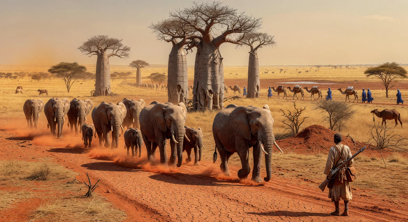 Une harde d'éléphants de savane traverse les plaines arides du Sahel vers 1750, foulant un sol de latérite rouge marqué par la sécheresse et l'ombre de baobabs ancestraux. En arrière-plan, le passage d'une caravane de commerçants touaregs et kanouris rappelle l'importance des routes transsahariennes reliant les empires de la savane aux marchés lointains. À la lisière de la brousse, un éclaireur de l'Empire de Segu, armé d'un fusil à silex, observe cette migration majestueuse, témoignant de la complexité des sociétés ouest-africaines au cœur de l'ère moderne.