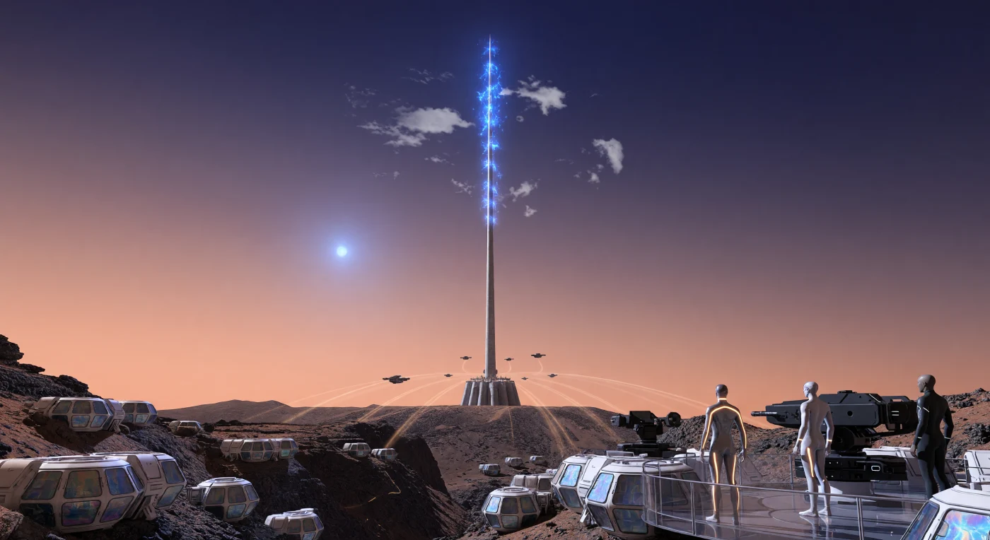 No cume do vulcão Olympus Mons, a imponente Agulha de Ares ergue-se por 30 quilômetros em direção ao espaço, uma megaestrutura de nanotubos de carbono que define a paisagem urbana da Era de Expansão Solar (2500–3000 d.C.). A cena ilustra a adaptação biológica e tecnológica da humanidade ao ambiente marciano, destacando os habitantes pós-planetários de membros alongados e pele resistente à radiação que residem em Habitats Mórficos modulares fixados às escarpas basálticas. Enquanto o topo da torre crepita com descargas iônicas de azul-cobalto para o transporte orbital, drones de levitação acústica cruzam o céu de Marte, evidenciando o domínio técnico sobre a baixa gravidade e o regolito planetário neste registro do século XXVIII.