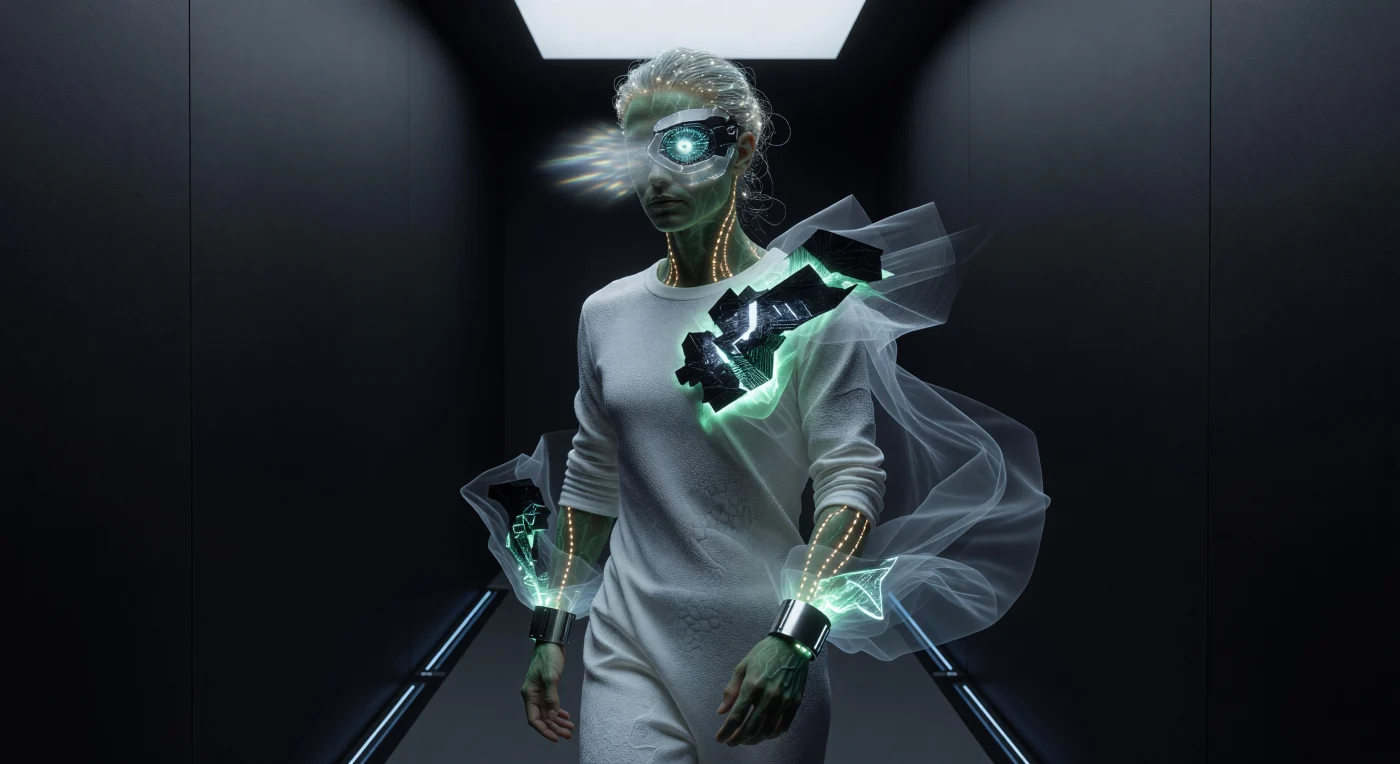 No auge da Alvorada Aumentada (c. 2085), este registro captura um indivíduo da elite "Hyper-Linked" em Neo-Tóquio, exemplificando a fusão radical entre biologia e artifício digital. O espécime traja uma base de Myco-Silk — um tecido de micélio biossintético — sob uma "Holo-Drapery" de fractais de luz sólida, enquanto sua fisiologia exibe o "Ideal Quimérico" através de derme fotossintética e fibras ópticas neurais. Este instantâneo da Era 8-B ilustra um ponto de inflexão evolutivo, onde a linhagem humana transcendeu o vestuário estático para adotar sistemas sensoriais e estéticos integrados diretamente ao organismo.