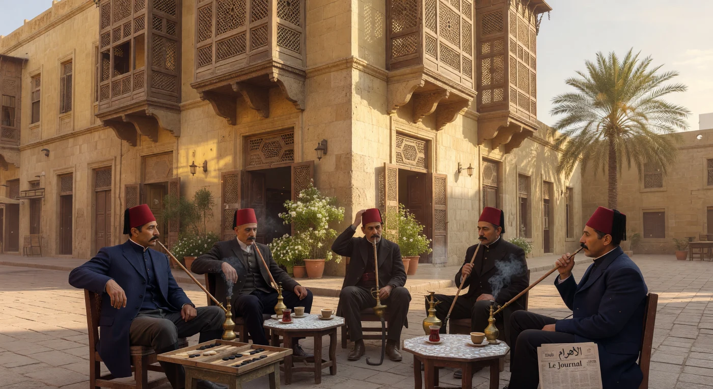En esta escena del Cairo de 1905, hombres de la élite *effendi* descansan frente a un edificio de piedra caliza, luciendo el tradicional fez y elegantes levitas oscuras mientras fuman narguiles bajo la sombra de intrincadas *mashrabiyas*. La presencia de periódicos bilingües y juegos de mesa como la *tawla* ilustra la atmósfera cosmopolita de la Belle Époque egipcia, un periodo de intenso florecimiento intelectual y social. Este rincón urbano captura con precisión la transición cultural de una región que fusionaba la herencia otomana con la modernidad internacional en los albores del siglo XX.