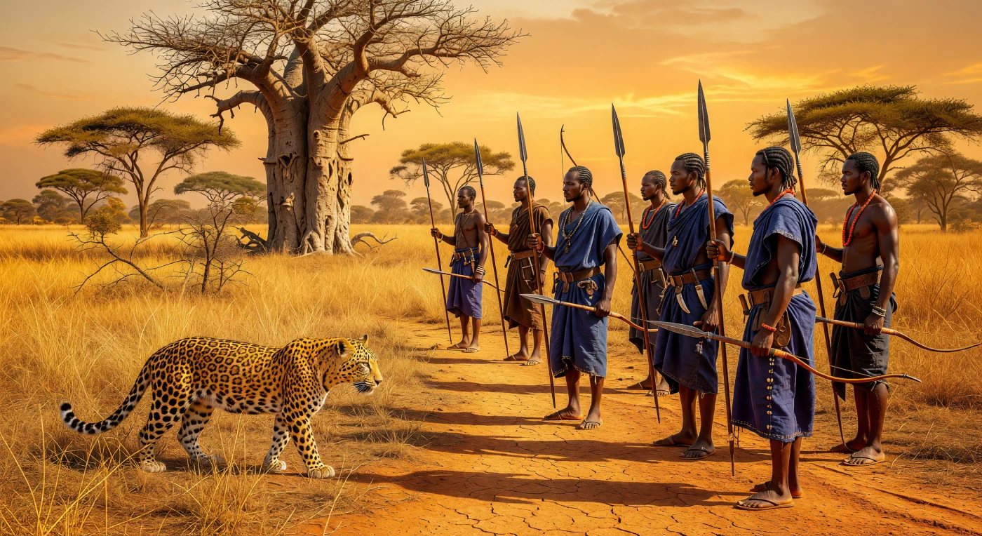 An elite hunting party from a West African empire, such as the Songhai or Oyo, tracks a leopard through the sun-parched savannah during the mid-16th century. The hunters are adorned with high-status indigo-dyed textiles, coral beads, and cowrie shells, reflecting the sophisticated trade networks and rigid social hierarchies of the era. Armed with expertly forged iron spears and longbows, these men demonstrate the advanced metallurgy and specialized tactical skills that were central to both royal prestige and survival in the African interior.