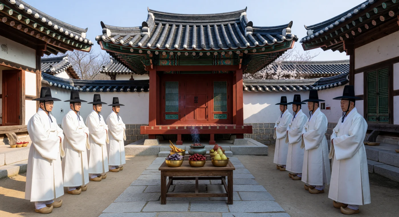Au cœur d'une cour de Séoul au XIXe siècle, des fonctionnaires-lettrés de l'élite *yangban*, vêtus de leurs *hanbok* en ramie blanche et coiffés du traditionnel *gat* en crin de cheval, se recueillent avec solennité devant un sanctuaire laqué de rouge. Cette cérémonie ancestrale, ou *jesa*, illustre la piété filiale et les protocoles néoconfucéens rigoureux qui structuraient la hiérarchie sociale de la période Joseon, alors surnommée le « Royaume ermite ». L'agencement méticuleux des offrandes dans des bols en laiton et le sillage éthéré de l'encens témoignent de la persistance de ces rites millénaires, piliers de l'identité coréenne à l'aube des grands bouleversements de la modernité.