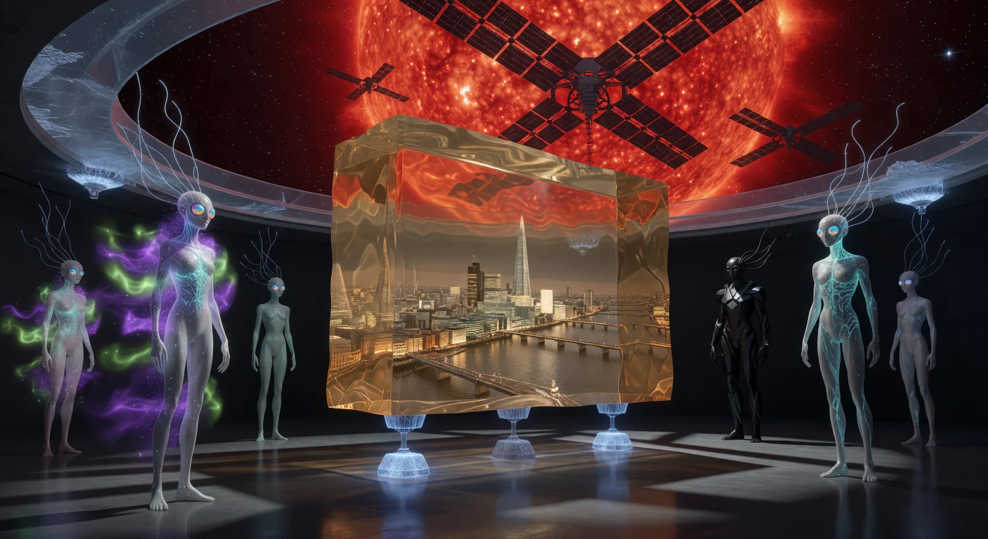 Esta imponente exhibición de "Cristal Lento" captura la luz emitida hace diez milenios, revelando una "fantasmagoría temporal" de la ciudad de Londres del siglo XXI atrapada en una estructura cristalina de color ámbar. Los espectadores, post-humanos de la Era Galáctica (5,000 – 20,000 d.C.) caracterizados por su fisionomía adaptada a la baja gravedad y piel de alabastro, observan el horizonte del antiguo Shard y el río Támesis emergiendo de un retraso subatómico bajo el resplandor carmesí de una enana roja. Esta pieza de arte cronológico funciona como un registro fósil lumínico que permite a una civilización estelar contemplar la fragilidad de sus orígenes planetarios, preservando un momento de la historia terrestre en una suspensión física casi eterna.