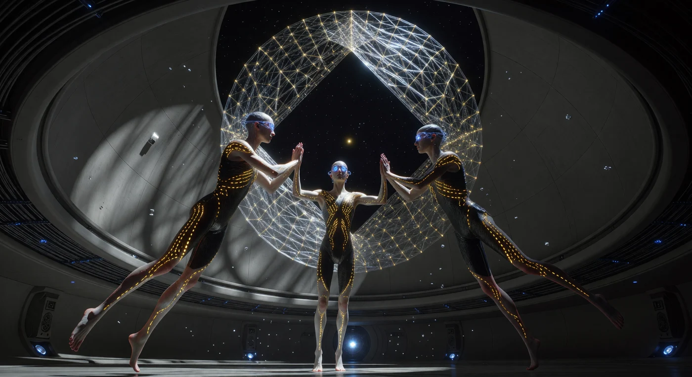 During the Interstellar Dawn (3000–5000 CE), the "Elongated" lineage of the Voids-Kin represents a radical evolutionary adaptation to permanent life in the vacuum of deep space. This scene depicts these post-humans—notable for their spindly limbs, prehensile feet, and pressurized fluid-sac anatomy—within a zero-gravity observatory as they use a massive optical-lattice telescope to glimpse the distant Sol system. Their bioluminescent "smart-skin" suits and multi-faceted ocular implants highlight a civilization that has seamlessly integrated biological engineering with advanced carbon-nanotube technology to thrive in the "Great Dark" between stars.