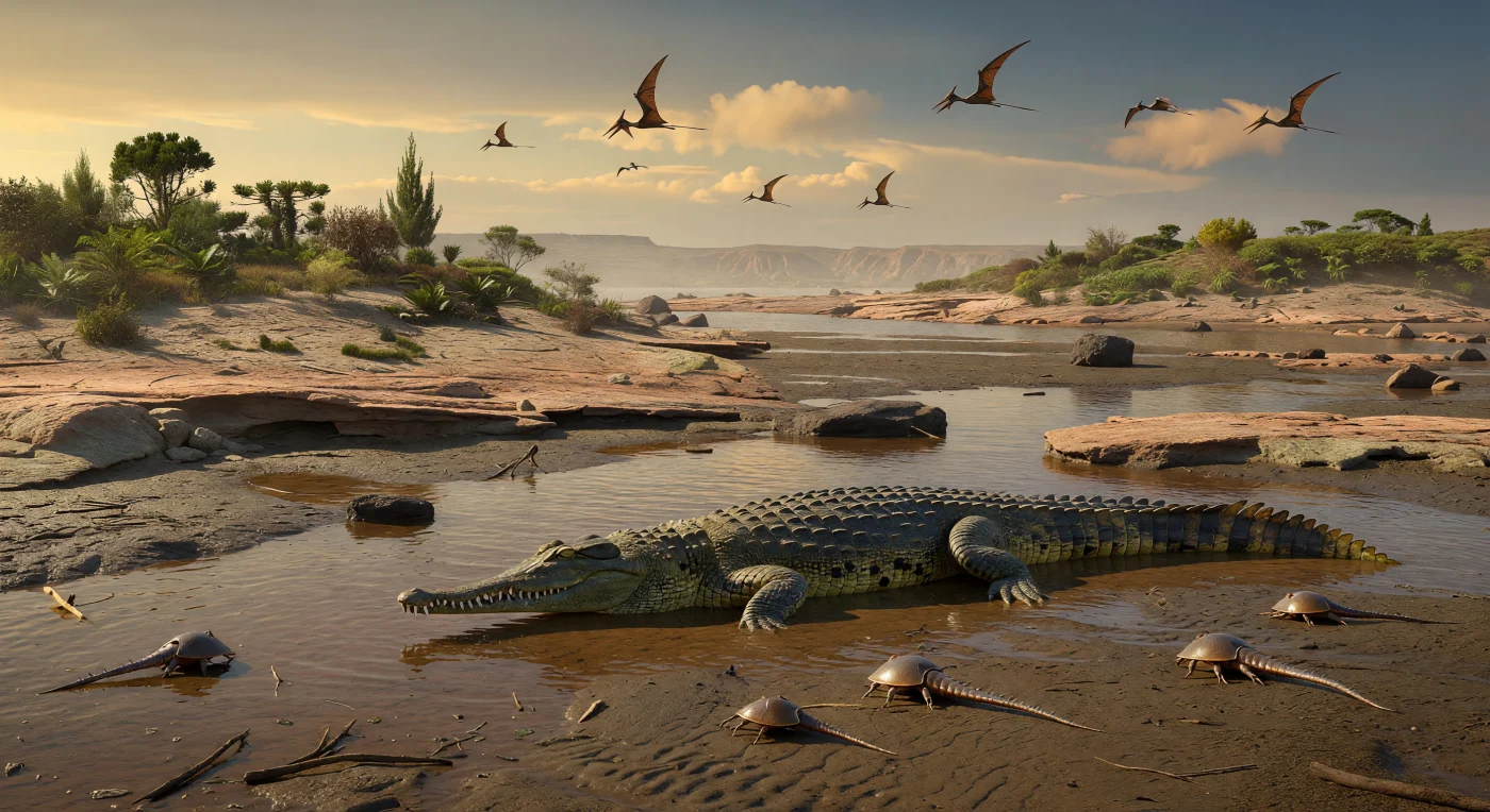 Dans un estuaire côtier du Gondwana jurassique, il y a environ 160 à 150 millions d’années, un téléosauroïde thalattosuchien d’environ 4 m attend, à demi immergé, qu’une proie s’approche dans l’eau saumâtre brunie par les tanins. Autour de lui, de petits xiphosures — proches des limules actuelles — tracent leurs sillons sur la vase ridée par les marées, tandis qu’au-dessus des broussailles de conifères, de cycadales et de fougères, passent des ptérosaures à longue queue de type rhamphorhynchoïde. Cette scène montre un littoral chaud et humide d’un monde sans plantes à fleurs ni herbes, où les crocodilomorphes marins semi-aquatiques exploitaient déjà les embouchures et lagunes du Jurassique.