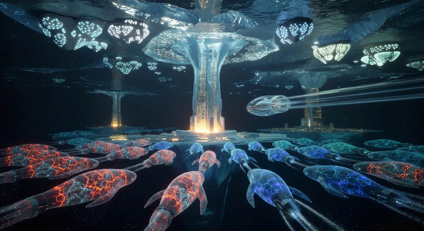 은하기(서기 5,000~20,000년) 엔셀라두스의 거대한 빙하 아래 심해에서는 포스트-생물학적 종족인 '펠루시드(The Pellucid)'의 두 분파가 팽팽한 대치 상황을 연출하고 있습니다. 신체 내 초전도 그래핀 신경망을 투과시키며 공격적인 진홍색 빛을 발산하는 '엑스-아쿠아(Ex-Aqua)' 반대파에 맞서, 집단 지성의 수호자인 '컨센서스 가디언'들이 평온한 청록색 파동으로 생체 바리케이드 형성을 시도합니다. 이 극적인 순간의 배경에는 행성의 조석 에너지를 배출하는 거대한 방사형 얼음 탑과 인공 생체 발광체들이 심해의 영겁과도 같은 어둠 속에서 고도로 진화한 수중 문명의 위용을 드러내고 있습니다.