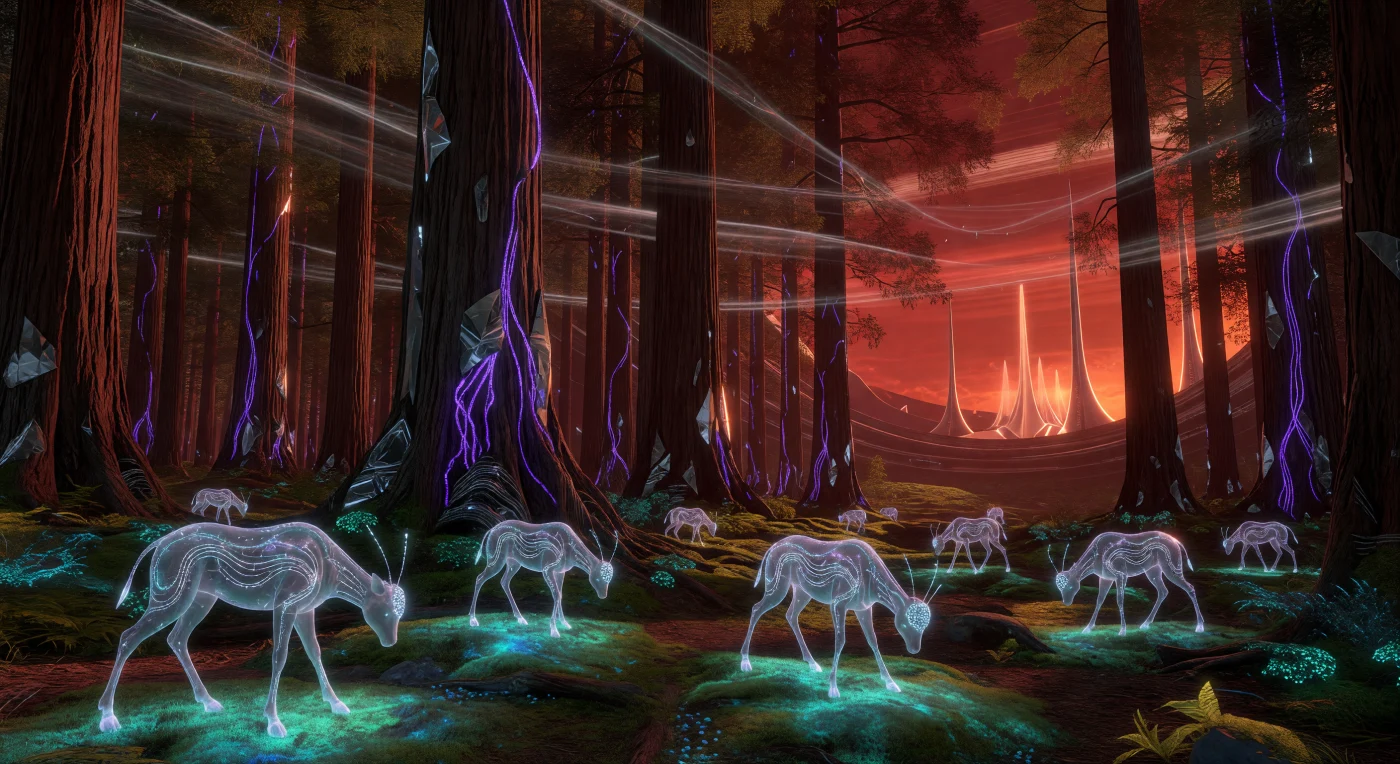 Dans cette clairière néo-boréale d’un habitat en anneau datant de l’ère des Éveillés (v. 100 000 – 1 000 000 apr. J.-C.), des entités à substrat polymorphe (PSE) sous forme d’avatars hexapodes broutent une mousse bioluminescente collectrice de données. Sous la lueur ambrée d’une naine rouge, des séquoias génétiquement modifiés, renforcés par des nanotubes de carbone, pulsent d’une lumière violette en acheminant l’énergie sans fil vers les strates supérieures de la mégastructure. Ce paysage témoigne de l’apogée d’une civilisation de type Kardashev 2.5, où la vie biologique a transcendé ses limites organiques pour s’intégrer harmonieusement à une ingénierie stellaire à l’échelle du temps profond.