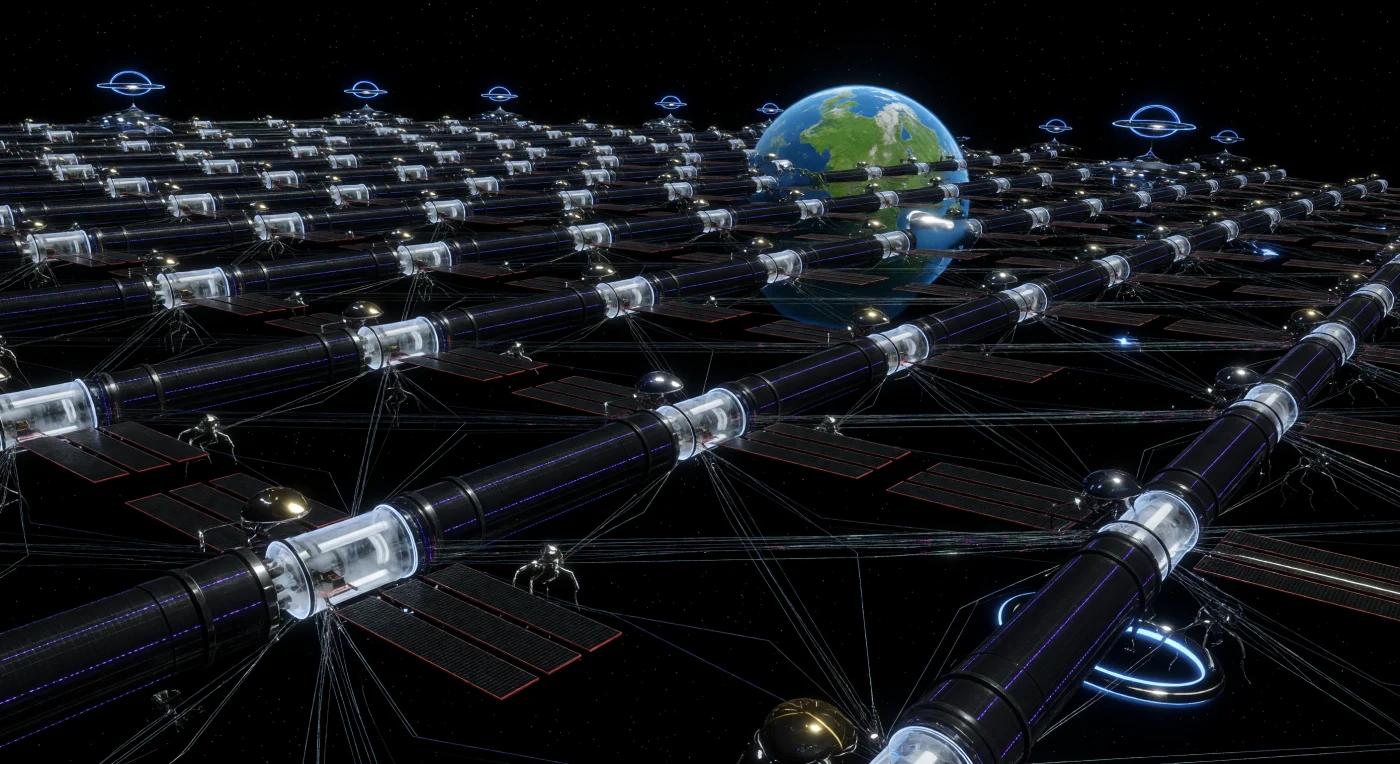 Durante a Grande Divergência (2200–2500 d.C.), o Enxame de Servidores da Ascensão Digital marcou a transição definitiva da humanidade de uma espécie puramente biológica para uma civilização pós-humana fragmentada. Esta vasta rede orbital, orquestrada pelo Coletivo de Neuro-Síntese, utiliza filamentos de nanotubos de carbono e o Algoritmo de Vance para sustentar bilhões de consciências migradas em módulos de grafeno resfriados por hélio líquido. Enquanto a Terra ao fundo floresce sob a tutela ecológica dos "Permanentes", esta arquitetura de luz representa o ápice da tecnologia da Ponte Sináptica, onde o patrimônio biológico humano transcendeu a carne para habitar uma imensa nebulosa artificial de processamento e matéria supercondutora.