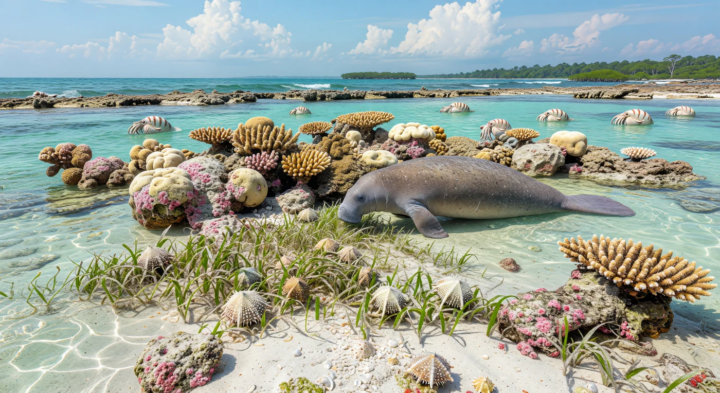 Diese Szene zeigt eine tropische Lagune des Eozäns vor etwa 56 bis 34 Millionen Jahren: über weißem Karbonatsand mit Seegraswiesen weidet ein früher Sirenier von rund 2,5 Metern Länge, während regelmäßige Seeigel Algenrasen abgrasen und am Riffsaum gestreifte Nautiloideen treiben. Verzweigte Acropora-Korallen, kuppelförmige Porites-Kolonien und rosafarbene Kalkrotalgen bauen hier ein flaches Hinterriff auf, wie es auf warmen Karbonatplattformen der damaligen Treibhauswelt typisch war. Solche Lebensräume belegen, dass sich moderne tropische Riffgemeinschaften im Paläogen bereits weit entwickelt hatten, zugleich aber noch von altertümlichen Meeressäugern und den letzten häufigeren Nautiloideen begleitet wurden.