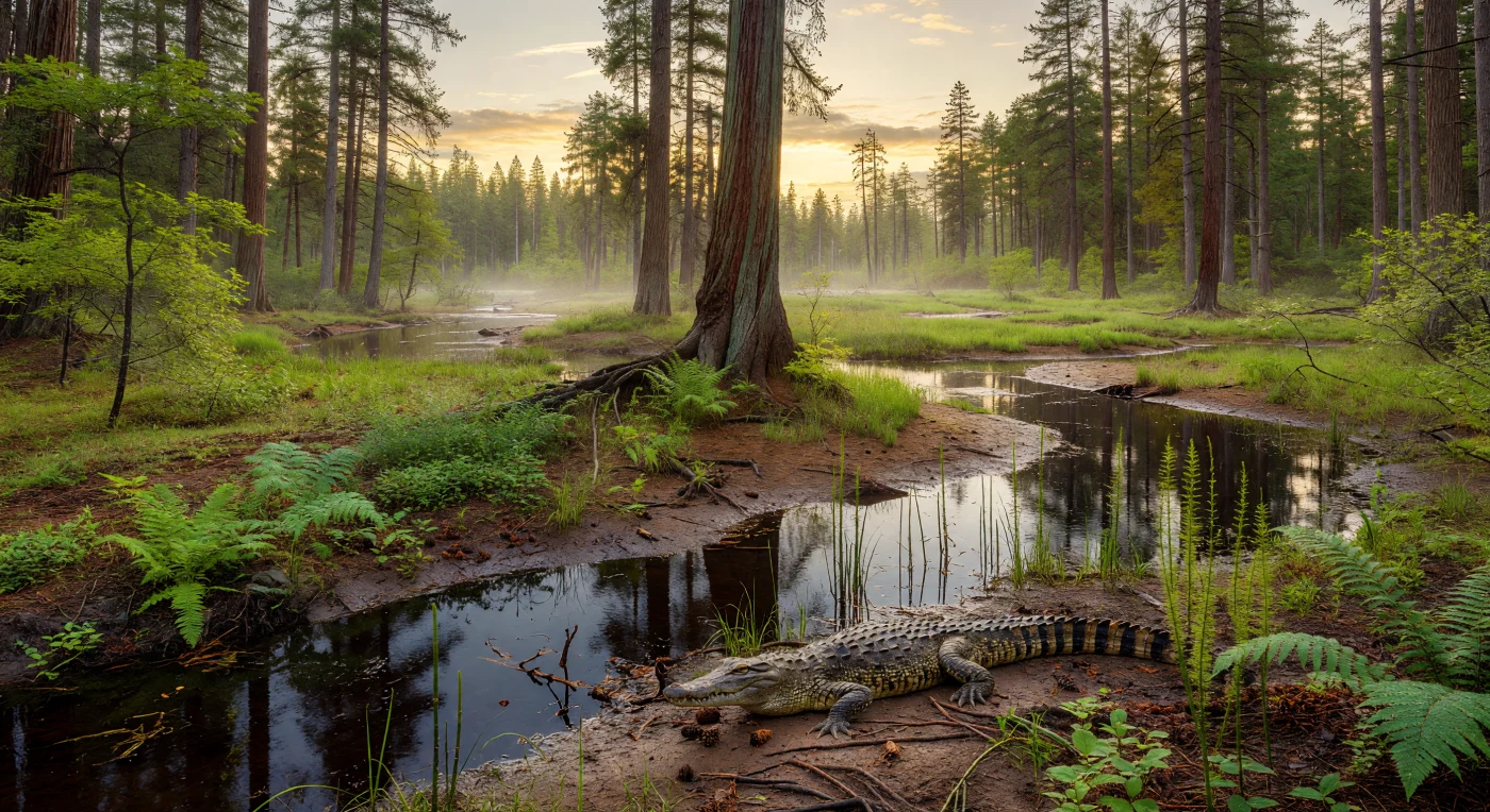 Dieses Bild zeigt einen überraschend milden Hohen Norden während des frühen Eozäns vor etwa 53–50 Millionen Jahren: Auf Ellesmere Island erheben sich 25–35 Meter hohe Urwelt-Mammutbäume wie Metasequoia und Glyptostrobus aus dunklen, gerbstoffreichen Schwarzwasserarmen, während im Vordergrund ein rund 3 Meter langes, Asiatosuchus-ähnliches Krokodil reglos auf schlammigem Ufergrund sonnt. Dichte Farne, Schachtelhalme und breitblättrige Sträucher säumen den sumpfigen Auenwald, dessen feuchtwarme Luft im goldenen Polartieflicht schimmert. Solche Fossilwälder belegen, dass die Arktis während des Frühen Eozänen Klimaoptimums ein frostfreies, humid-warmes Ökosystem war – eine heute kaum vorstellbare Welt aus tiefster Erdgeschichte.