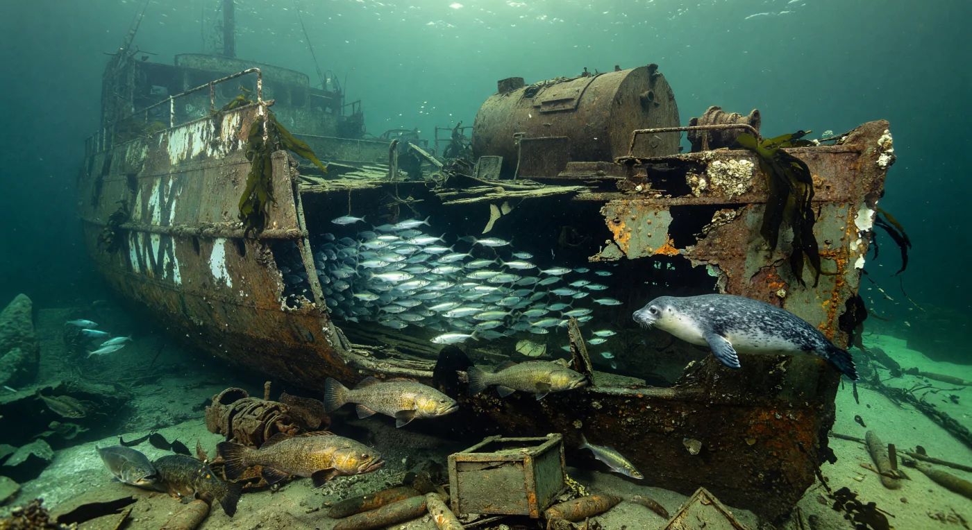 Sur le lit sablonneux du golfe du Saint-Laurent, les restes squelettiques d'un vapeur marchand du début du XXe siècle témoignent des périls de la navigation durant les Guerres mondiales. Tandis que des morues et des harengs tournoient parmi les membrures d'acier corrodées et les vestiges de camouflage « Dazzle », un phoque commun explore avec curiosité cette structure autrefois vitale pour l'effort de guerre allié. Cette scène illustre la résilience de la biodiversité marine, qui réclame peu à peu ces épaves historiques pour en faire des récifs artificiels grouillants de vie.