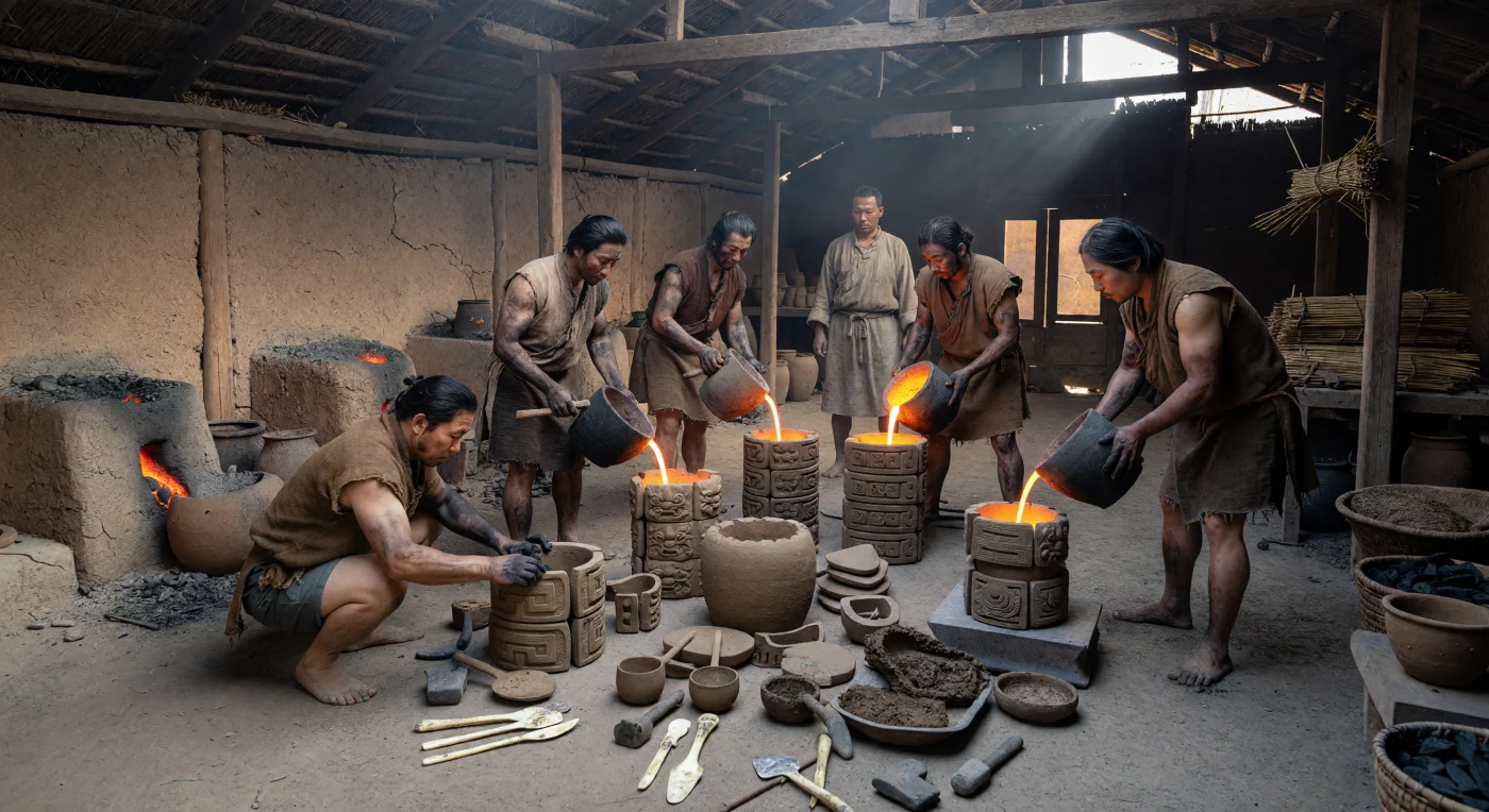 鄭州近郊の二里岡期（前16〜前14世紀頃）の鋳造工房では、煤にまみれた職人たちが赤熱する炉のそばで粘土るつぼを操り、中心の土芯を囲む焼成済みの分割鋳型へ溶けた鉛青銅を慎重に注ぎ込んでいる。床には積み上げられた鋳型片、骨べらや石製の研磨具、木炭や灰が散らばり、熱気と煙に満ちた空間が、青銅器生産の過酷さと精密さを物語る。二里岡文化の工房は、蝋型法ではなく分割鋳型法を用いた東アジア最初期の大規模青銅産業の中核であり、鄭州の城壁都市に結びつく標準化された生産と、支配層による厳格な管理を今に伝えている。