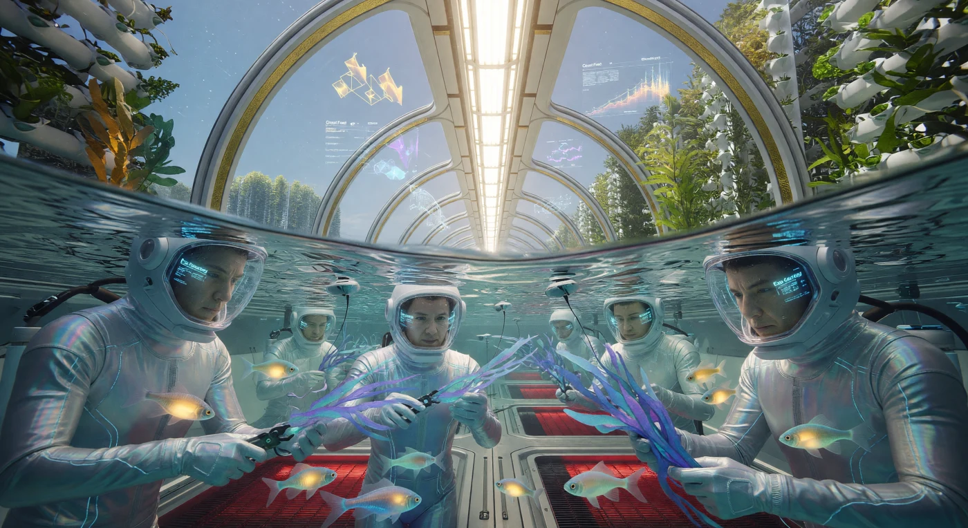 In der gewaltigen O’Neill-Zylinder-Kolonie „Vinci-4“ illustriert diese Aufnahme die Aquakultur im Gekrümmten Meer, dessen Wasserspiegel sich durch die Zentripetalkraft der Habitatrotation spektakulär gen Himmel wölbt. Während der Ära der Großen Divergenz (ca. 2200–2500 n. Chr.) ernten hier *Homo augmentus*-Taucher in schimmernden Silberpolymer-Anzügen den purpurnen „Aero-Kelp“ sowie biolumineszente „Glasflossen-Fische“ – spezialisierte Organismen, die für ein Leben in künstlichen Biosphären genetisch perfektioniert wurden. Unter dem gleißenden Licht des zentralen Helios-Arrays verschmelzen in diesem technologischen Ökosystem des „Swarms“ die Grenzen zwischen Biologie und interstellarer Ingenieurskunst zu einer neuen Form des Lebens.