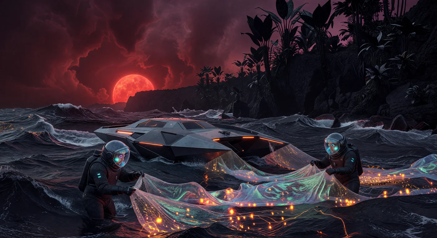 Unter dem ewigen rubinroten Zwielicht von Proxima Centauri bergen zwei *Homo Proximus*-Taucher in kohlenstoffverstärkten Schutzanzügen biolumineszentes Hitze-Plankton aus den zähen, stickstoffreichen Gewässern des Terminator-Meeres. Diese Momentaufnahme aus der Ära der Interstellaren Dämmerung (ca. 3000–5000 n. Chr.) verdeutlicht die radikale biologische Anpassung an eine Welt mit 1,2-facher Erdschwere und permanenter Gezeitenbindung. Während die Taucher über lichtgepulste Hautsignale kommunizieren, fangen ihre Graphen-Netze die thermische Energie der Mikroorganismen ein, flankiert von den schroffen Obsidianklippen einer litho-synthetischen Schwarzblatt-Flora.