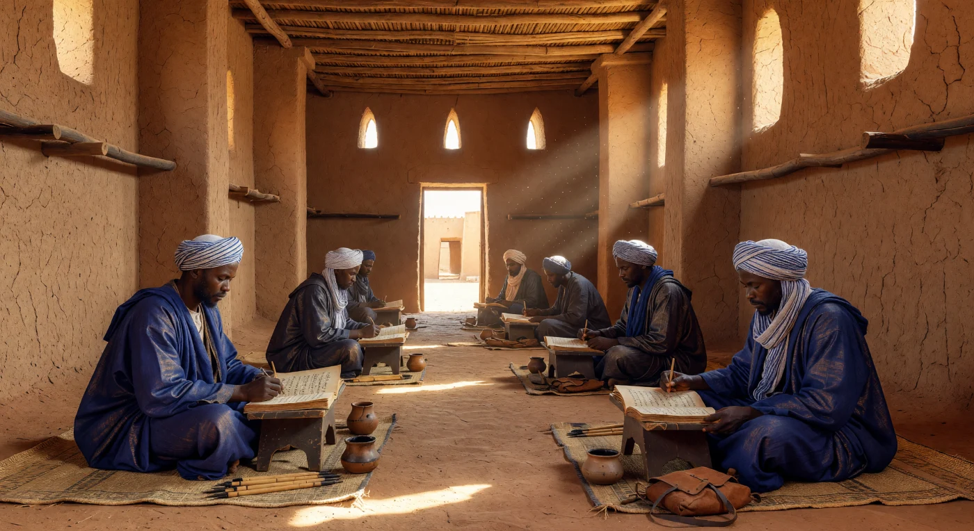 En el corazón de la Mezquita de Sankoré en Tombuctú, eruditos de etnia songhai y mandé, ataviados con majestuosos grandes boubous de color índigo, se dedican al estudio minucioso de manuscritos árabes sobre medicina y derecho. La arquitectura sudano-saheliana del siglo XVII cobra vida a través de sus gruesos muros de adobe y los icónicos *torons* de madera que proyectan sombras rítmicas bajo haces de luz dorada. Este santuario intelectual evidencia el papel histórico de Tombuctú como uno de los centros de aprendizaje y preservación del conocimiento más prestigiosos del mundo islámico durante la Edad Moderna.