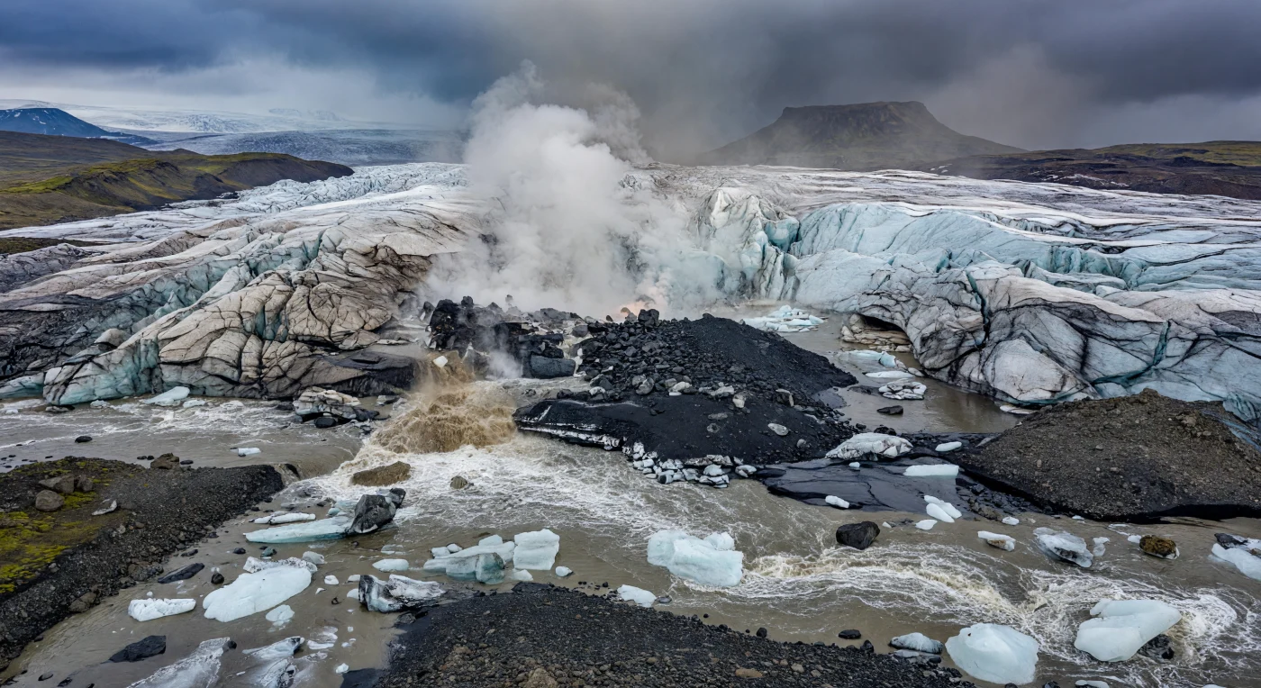 Bajo la gruesa capa de hielo de la Islandia del Pleistoceno tardío, hace decenas de miles de años, una erupción fisural basáltica abre un humeante caldero de fusión en el glaciar mientras se acumula una cresta negra de hialoclastita, formada por fragmentos vítreos de lava enfriada bruscamente, junto a lavas almohadilladas. La ceniza oscurece la nieve y, en primer plano, un violento jökulhlaup —una inundación repentina de agua de deshielo, sedimento, bloques de hielo y cantos de basalto— se desborda sobre el sandur desnudo. Este tipo de volcanismo subglacial, característico de Islandia durante la Edad de Hielo, construyó relieves como tuyas y dorsales glaciovolcánicas, testigos espectaculares del choque entre fuego volcánico y hielo continental.