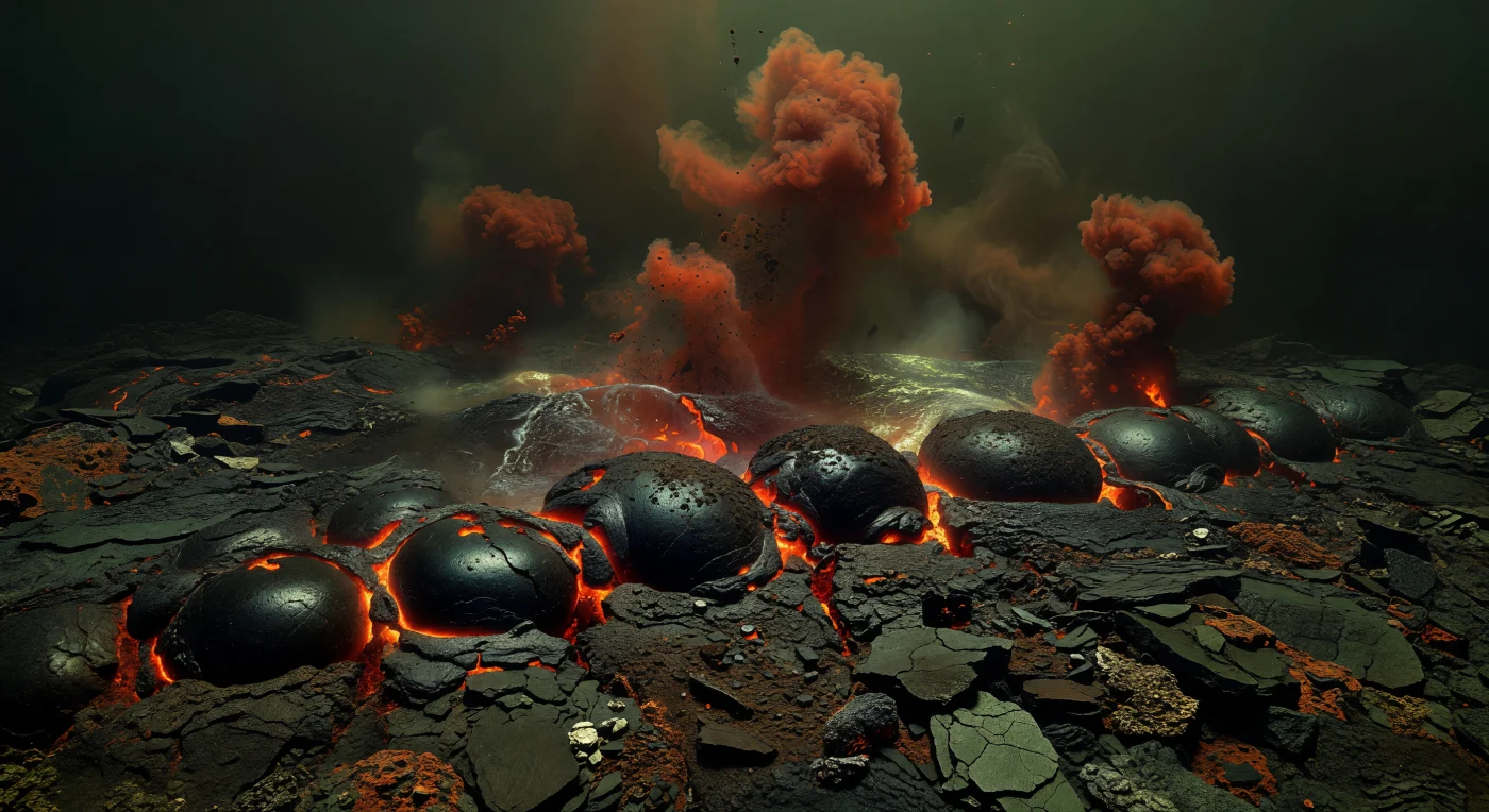 Sob um oceano anóxico verde-escuro do Hadeano tardio, há cerca de 4,4–4,0 mil milhões de anos, lava basáltica irrompe por uma fenda no fundo marinho e arrefece quase instantaneamente em formas arredondadas chamadas lavas em almofada, aqui com cerca de 1 a 3 metros de diâmetro. As superfícies negras e vítreas destas almofadas contrastam com fissuras alaranjadas ainda incandescentes, enquanto plumas ricas em ferro e partículas de sílica se elevam na água quente e turva. Esta paisagem vulcânica estéril, feita de basalto máfico, brecha vulcânica e fragmentos de hialoclastito, revela uma Terra primitiva sem animais, plantas ou continentes modernos — um mundo em construção, moldado pelo calor interno do planeta e pela química dos primeiros oceanos.
