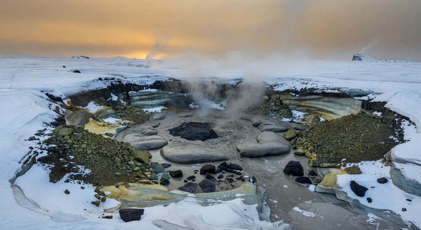 Au cœur de la Terre boule de neige du Cryogénien, il y a environ 720 à 635 millions d’années, une éruption basaltique sous-glaciaire perce une calotte de glace continentale épaisse de plusieurs kilomètres, ouvrant un cratère de fonte noyé de vapeur et de cendres. Le spectateur verrait un bassin d’eau grise agitée bordé de laves en coussins noires, de débris verdâtres d’hyaloclastite et de neige tachée de soufre, avec dans les parois de glace des bandes de débris, du socle granitique strié et des amas de sédiments glaciaires mal triés. Cette scène montre l’interaction violente entre magma basaltique, eau de fonte et glace, dans un monde presque entièrement gelé où aucune plante ni aucun animal n’occupait encore la surface macroscopique.