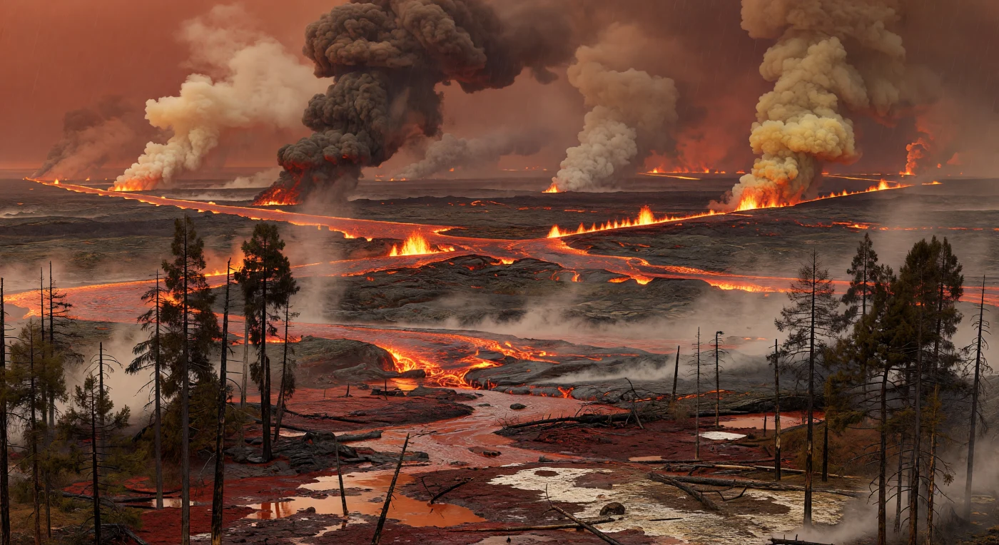 Alla fine del Permiano, circa 252 milioni di anni fa, immense fessure nelle Trappole Siberiane squarciano la Pangea settentrionale, riversando colate di basalto tholeiitico incandescente attraverso una pianura vulcanica annerita, tra boschi di conifere voltzialee e resti di cordaitali carbonizzati. Sotto un cielo rosso-rame soffocato da pennacchi di cenere, anidride solforosa e pioggia acida, il terreno fangoso e ricco di gesso fuma al contatto con la lava, mentre strati sedimentari cotti e fratturati testimoniano un riscaldamento estremo. Questo colossale episodio di vulcanismo a flood basalt liberò gas serra e composti tossici su scala planetaria, innescando la crisi di fine Permiano, la più grave estinzione di massa della storia della Terra.