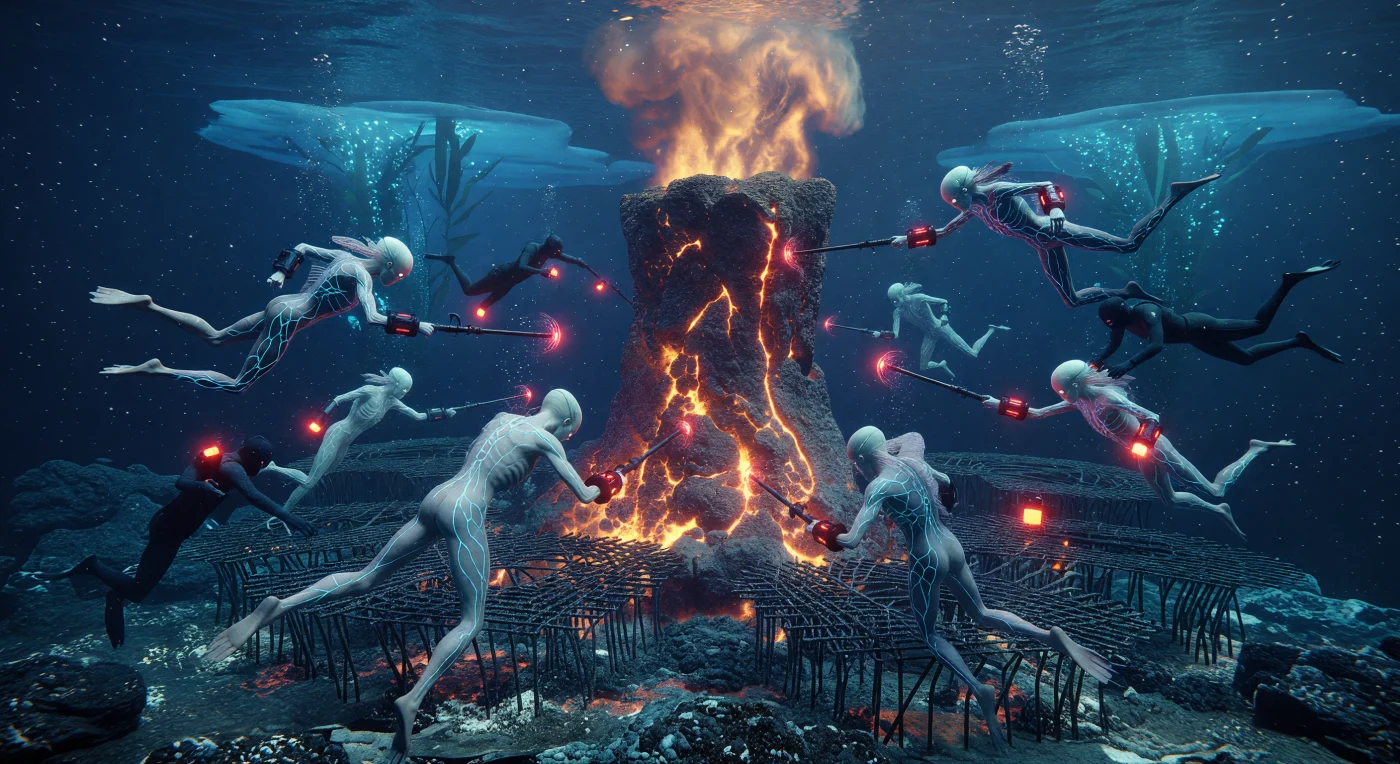 Au cœur des abysses d'Europe, entre 2200 et 2500 de notre ère, des sentinelles de l’espèce *Homo adaptus* défendent une cheminée hydrothermale contre une tentative de sabotage de leurs réseaux énergétiques. Ces humains post-biologiques, aux corps translucides et aux crânes surmontés de « melons » sonars, évoluent dans une obscurité totale, guidés par les pulsations rouges de leurs tatouages bioélectriques et la chaleur radiante des « fumeurs noirs » crachant des fluides à 400°C. Durant cette ère de la Grande Divergence, la maîtrise des flux thermiques issus des forces de marée de Jupiter constitue le pilier vital de cette civilisation sous-marine, nichée à cent kilomètres sous la croûte de glace.