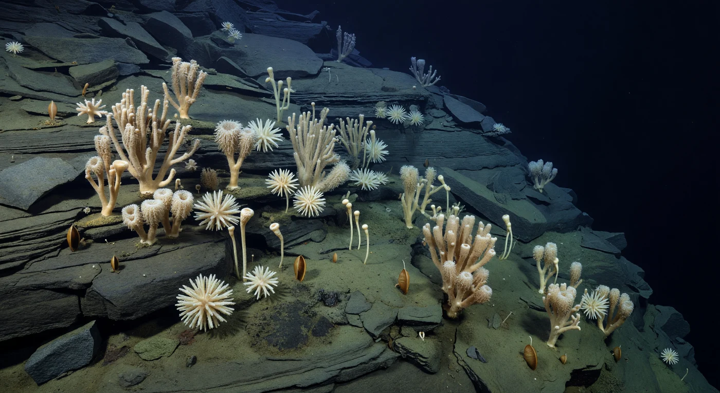 Sur cet escarpement sous-marin du Cambrien moyen, il y a environ 510 à 500 millions d’années, de pâles éponges Hazelia et Choia s’accrochent aux dalles rocheuses balayées par un faible courant, tandis que de petits éocrinoïdes dressés sur tige se balancent au-dessus de poches de vase où des brachiopodes Lingulella émergent à moitié du sédiment. La scène se déroule sur le talus continental, dans une lumière bleuâtre très atténuée qui s’éteint vers un bassin profond noir et silencieux. Ce jardin d’organismes filtreurs illustre un monde marin ancien, bien avant les poissons modernes et les récifs coralliens, où éponges, échinodermes primitifs et brachiopodes dominaient les profondeurs.