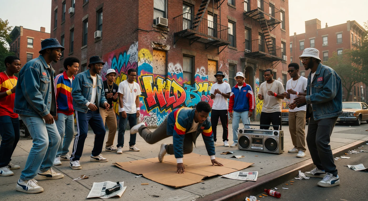 En el vibrante escenario del Bronx de 1982, un grupo de jóvenes afroamericanos y latinos se reúne frente a un edificio de ladrillo adornado con complejos grafitis de estilo "Wildstyle". Un B-boy gira con destreza sobre un cartón extendido en la acera, mientras sus compañeros lucen chaquetas de mezclilla sobredimensionadas y zapatillas de cuero al ritmo de una imponente radio de casete Sharp GF-777. Esta escena captura el nacimiento de la cultura hip-hop como una poderosa respuesta creativa de las comunidades marginadas, transformando el paisaje urbano en un epicentro de innovación artística y social durante la era contemporánea.